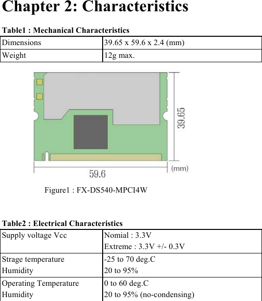  Chapter 2: Characteristics Table1 : Mechanical Characteristics Dimensions  39.65 x 59.6 x 2.4 (mm)   Weight 12g max.    Figure1 : FX-DS540-MPCI4W  Table2 : Electrical Characteristics Supply voltage Vcc  Nomial : 3.3V Extreme : 3.3V +/- 0.3V  Strage temperature Humidity -25 to 70 deg.C 20 to 95%  Operating Temperature Humidity 0 to 60 deg.C 20 to 95% (no-condensing)   