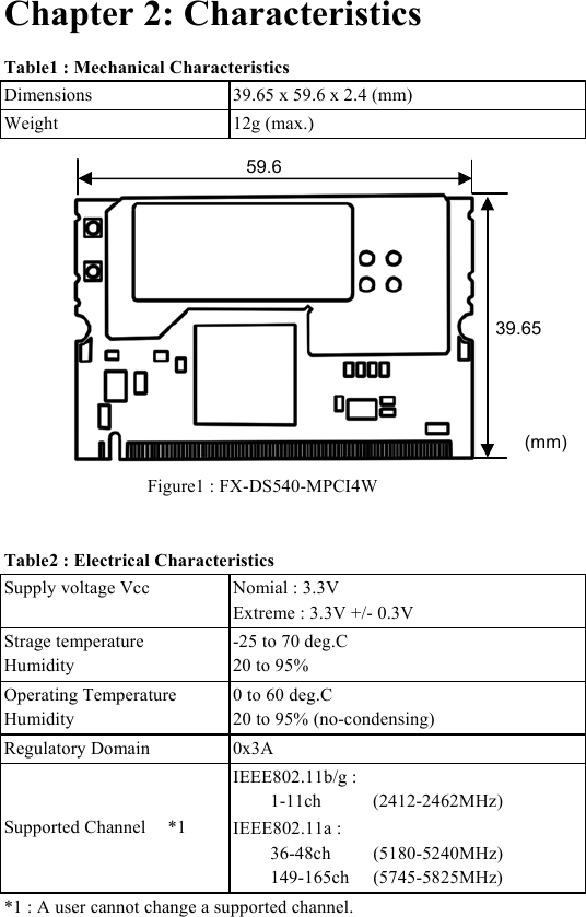  Chapter 2: Characteristics Table1 : Mechanical Characteristics Dimensions  39.65 x 59.6 x 2.4 (mm)   Weight 12g (max.)     Figure1 : FX-DS540-MPCI4W  Table2 : Electrical Characteristics Supply voltage Vcc  Nomial : 3.3V Extreme : 3.3V +/- 0.3V  Strage temperature Humidity -25 to 70 deg.C 20 to 95%  Operating Temperature Humidity 0 to 60 deg.C 20 to 95% (no-condensing)  Regulatory Domain  0x3A   Supported Channel  *1 IEEE802.11b/g :   1-11ch (2412-2462MHz) IEEE802.11a :   36-48ch (5180-5240MHz) 149-165ch (5745-5825MHz)  *1 : A user cannot change a supported channel.    59.6 39.65(mm)