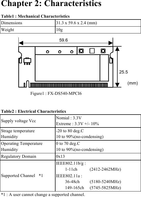  Chapter 2: Characteristics Table1 : Mechanical Characteristics Dimensions  31.3 x 59.6 x 2.4 (mm)   Weight 10g     Figure1 : FX-DS540-MPCI6  Table2 : Electrical Characteristics Supply voltage Vcc  Nomial : 3.3V Extreme : 3.3V +/- 10%  Strage temperature Humidity -20 to 80 deg.C 10 to 90%(no-condensing)  Operating Temperature Humidity 0 to 70 deg.C 10 to 90%(no-condensing)  Regulatory Domain  0x13   Supported Channel  *1 IEEE802.11b/g :   1-11ch (2412-2462MHz) IEEE802.11a :   36-48ch (5180-5240MHz) 149-165ch (5745-5825MHz)  *1 : A user cannot change a supported channel.    59.625.5(mm)