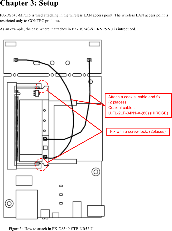  Chapter 3: Setup FX-DS540-MPCI6 is used attaching in the wireless LAN access point. The wireless LAN access point is restricted only to CONTEC products. As an example, the case where it attaches in FX-DS540-STB-NR52-U is introduced.  Figure2 : How to attach in FX-DS540-STB-NR52-U  Attach a coaxial cable and fix.   (2 places) Coaxial cable :   U.FL-2LP-04N1-A-(80) (HIROSE) Fix with a screw lock. (2places) 