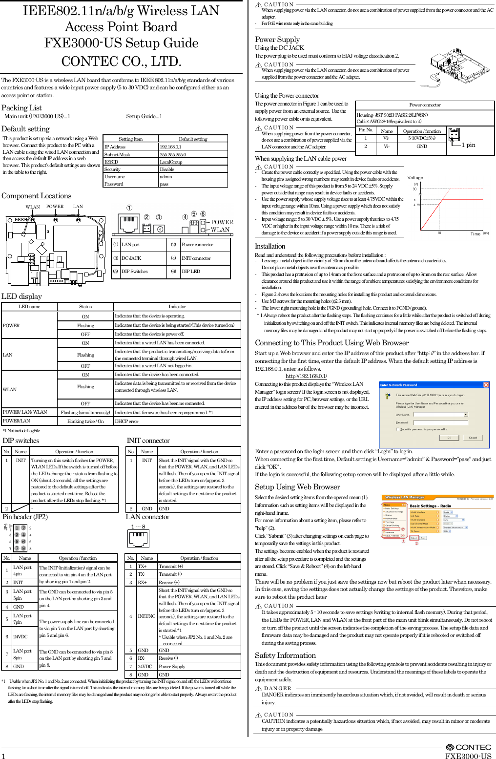      1 FXE3000-US IEEE802.11n/a/b/g Wireless LAN   Access Point Board FXE3000-US Setup Guide CONTEC CO., LTD. The FXE3000-US is a wireless LAN board that conforms to IEEE 802.11n/a/b/g standards of various countries and features a wide input power supply (5 to 30 VDC) and can be configured either as an access point or station. Packing List - Main unit (FXE3000-US)...1  - Setup Guide...1 Default setting This product is set up via a network using a Web browser. Connect this product to the PC with a LAN cable using the wired LAN connection and then access the default IP address in a web browser. This product&apos;s default settings are shown in the table to the right. Setting Item  Default setting IP Address  192.168.0.1 Subnet Mask  255.255.255.0 ESSID  LocalGroup Security  Disable Username  admin Password  pass Component Locations  (1) LAN port  (2)  Power connector  (3) DC JACK  (4)  INIT connector  (5) DIP Switches  (6)  DIP LED   LED display LED name  Status  Indicator POWER ON  Indicates that the device is operating. Flashing  Indicates that the device is being started (This device turned on) OFF  Indicates that the device is power off. LAN ON  Indicates that a wired LAN has been connected. Flashing  Indicates that the product is transmitting/receiving data to/from the connected terminal through wired LAN. OFF  Indicates that a wired LAN not logged-in. WLAN ON  Indicates that the device has been connected. Flashing  Indicates data is being transmitted to or received from the device connected through wireless LAN. OFF  Indicates that the device has been no connected. POWER/ LAN/ WLAN  Flashing (simultaneously) Indicates that firmware has been reprogrammed. *1 POWER/LAN  Blinking twice / On  DHCP error *1 Not include LogFile DIP switches   INIT connector No. Name Operation / function   No. Name  Operation / function 1 INIT Turning on this switch flashes the POWER, WLAN LEDs.If the switch is turned off before the LEDs change their status from flashing to ON (about 3 seconds), all the settings are restored to the default settings after the product is started next time. Reboot the product after the LEDs stop flashing. *1   1 INIT  Short the INIT signal with the GND so that the POWER, WLAN, and LAN LEDs will flash. Then if you open the INIT signal before the LEDs turn on (approx. 3 seconds), the settings are restored to the default settings the next time the product is started. 2   -   2 GND  GND Pin header (JP2)    LAN connector  No. Name  Operation / function   No. Name  Operation / function 1 LAN port 4pin The INIT (initialization) signal can be connected to via pin 4 on the LAN port by shorting pin 1 and pin 2.   1  TX+  Transmit (+)   2  TX-  Transmit (-) 2 INIT   3  RX+  Receive (+) 3 LAN port 5pin The GND can be connected to via pin 5 on the LAN port by shorting pin 3 and pin 4.   4  INIT/NC Short the INIT signal with the GND so that the POWER, WLAN, and LAN LEDs will flash. Then if you open the INIT signal before the LEDs turn on (approx. 3 seconds), the settings are restored to the default settings the next time the product is started.*1 * Usable when JP2 No. 1 and No. 2 are connected.   4 GND   5 LAN port 7pin  The power supply line can be connected to via pin 7 on the LAN port by shorting pin 5 and pin 6.     6 24VDC   7 LAN port 8pin The GND can be connected to via pin 8 on the LAN port by shorting pin 7 and pin 8.   5  GND  GND   6  RX-  Receive (-) 8 GND   7  24VDC  Power Supply        8  GND  GND *1    Usable when JP2 No. 1 and No. 2 are connected. When initializing the product by turning the INIT signal on and off, the LEDs will continue flashing for a short time after the signal is turned off. This indicates the internal memory files are being deleted. If the power is turned off while the LEDs are flashing, the internal memory files may be damaged and the product may no longer be able to start properly. Always restart the product after the LEDs stop flashing.     When supplying power via the LAN connector, do not use a combination of power supplied from the power connector and the AC adapter. -  For PoE wire route only in the same building  Power Supply Using the DC JACK The power plug to be used must conform to EIAJ voltage classification 2.    When supplying power via the LAN connector, do not use a combination of power supplied from the power connector and the AC adapter.   Using the Power connector The power connector in Figure 1 can be used to supply power from an external source. Use the following power cable or its equivalent.    When supplying power from the power connector, do not use a combination of power supplied via the LAN connector and the AC adapter.   Power connector Housing: JST S02B-PASK-2(LF)(SN) Cable: AWG28-16(equivalent to it) Pin No. Nome  Operation / function  1 Vi+ 5-30VDC±5%) 2 Vi- GND When supplying the LAN cable power  -  Create the power cable correctly as specified. Using the power cable with the housing pins assigned wrong numbers may result in device faults or accidents. -  The input voltage range of this product is from 5 to 24 VDC ±5%. Supply power outside that range may result in device faults or accidents. - Use the power supply whose supply voltage rises to at least 4.75VDC within the input voltage range within 10ms. Using a power supply which does not satisfy this condition may result in device faults or accidents. -  Input voltage range: 5 to 30 VDC ± 5%. Use a power supply that rises to 4.75 VDC or higher in the input voltage range within 10 ms. There is a risk of damage to the device or accident if a power supply outside this range is used.    Installation Read and understand the following precautions before installation : -  Leaving a metal object in the vicinity of 30mm from the antenna board affects the antenna characteristics.   Do not place metal objects near the antenna as possible. -  This product has a protrusion of up to 14mm on the front surface and a protrusion of up to 3mm on the rear surface. Allow clearance around this product and use it within the range of ambient temperatures satisfying the environment conditions for installation. -  Figure 2 shows the locations the mounting holes for installing this product and external dimensions. -  Use M3 screws for the mounting holes (φ2.3 mm). -  The lower right mounting hole is the FGND (grounding) hole. Connect it to FGND (ground). * 1 Always reboot the product after the flashing stops. The flashing continues for a little while after the product is switched off during initialization by switching on and off the INIT switch. This indicates internal memory files are being deleted. The internal memory files may be damaged and the product may not start up properly if the power is switched off before the flashing stops.  Connecting to This Product Using Web Browser Start up a Web browser and enter the IP address of this product after “http: //” in the address bar. If connecting for the first time, enter the default IP address. When the default setting IP address is 192.168.0.1, enter as follows. http://192.168.0.1/   Connecting to this product displays the “Wireless LAN Manager” login screen/ If the login screen is not displayed, the IP address setting for PC, browser settings, or the URL entered in the address bar of the browser may be incorrect.  Enter a password on the login screen and then click “Login” to log in. When connecting for the first time, Default setting is Username=”admin” &amp; Password=”pass” and just click “OK” . If the login is successful, the following setup screen will be displayed after a little while. Setup Using Web Browser Select the desired setting items from the opened menu (1). Information such as setting items will be displayed in the right-hand frame. For more information about a setting item, please refer to &quot;help&quot; (2). Click “Submit” (3) after changing settings on each page to temporarily save the settings in this product. The settings become enabled when the product is restarted after all the setup procedure is completed and the settings are stored. Click “Save &amp; Reboot” (4) on the left-hand menu.  There will be no problem if you just save the settings now but reboot the product later when necessary. In this case, saving the settings does not actually change the settings of the product. Therefore, make sure to reboot the product later      It takes approximately 5 - 10 seconds to save settings (writing to internal flash memory). During that period, the LEDs for POWER, LAN and WLAN at the front part of the main unit blink simultaneously. Do not reboot or turn off the product until the screen indicates the completion of the saving process. The setup file data and firmware data may be damaged and the product may not operate properly if it is rebooted or switched off during the saving process. Safety Information This document provides safety information using the following symbols to prevent accidents resulting in injury or death and the destruction of equipment and resources. Understand the meanings of these labels to operate the equipment safely.      DANGER indicates an imminently hazardous situation which, if not avoided, will result in death or serious injury.      CAUTION indicates a potentially hazardous situation which, if not avoided, may result in minor or moderate injury or in property damage.  WLAN POWER LANC A U TIO NC A U TIO NC A U TIO NC A U TIO NC A U TIO ND A N G E RC A U TIO N