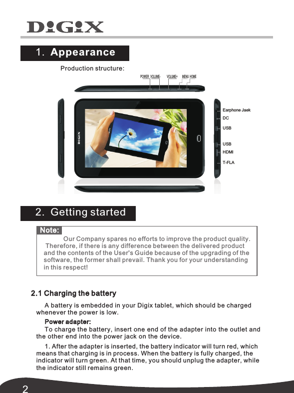 21.  Appearance 2.  Getting started2.1 Charging the batteryA battery is embedded in your Digix tablet, which should be charged  whenever the power is low.Power adapter:To charge the battery, insert one end of the adapter into the outlet and the other end into the power jack on the device.1. After the adapter is inserted, the battery indicator will turn red, which means that charging is in process. When the battery is fully charged, the indicator will turn green. At that time, you should unplug the adapter, while  the indicator still remains green.Note: Our Company spares no efforts to improve the product quality. Therefore, if there is any difference between the delivered product and the contents of the User's Guide because of the upgrading of thesoftware, the former shall prevail. Thank you for your understandingin this respect!Production structure: POWER VOLUME-  VOLUME+  MENU HOMEEarphone JaekDCUSBUSBHDMIT-FLA