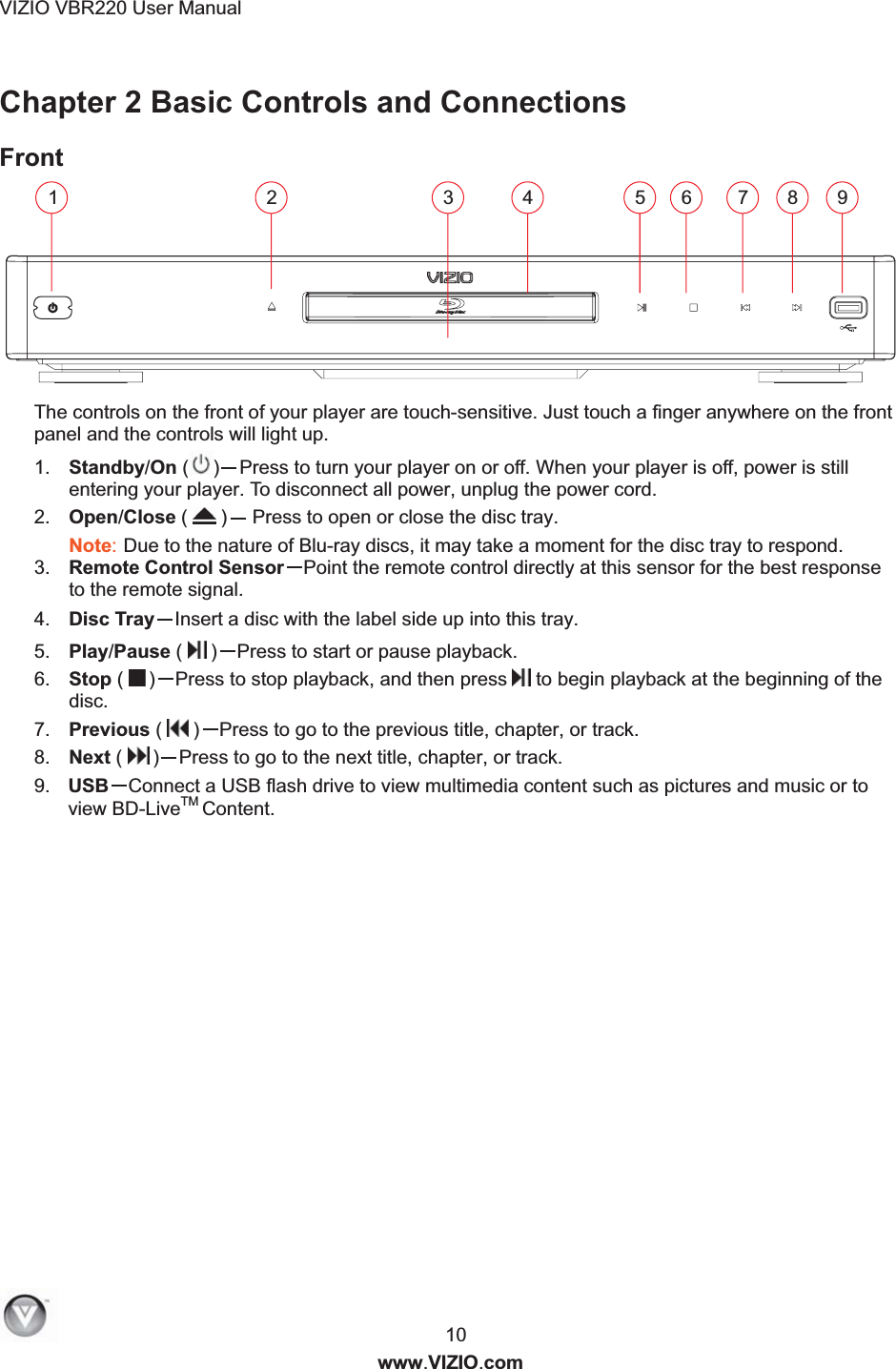 VIZIO VBR220 User Manual  10 www.VIZIO.com Chapter 2 Basic Controls and Connections Front  The controls on the front of your player are touch-sensitive. Just touch a finger anywhere on the front panel and the controls will light up. 1.  Standby/On ( )Press to turn your player on or off. When your player is off, power is still entering your player. To disconnect all power, unplug the power cord. 4.  Disc Tray Insert a disc with the label side up into this tray. 2.  Open/Close (   )  Press to open or close the disc tray. Note: Due to the nature of Blu-ray discs, it may take a moment for the disc tray to respond. 5.  Play/Pause (   ) Press to start or pause playback. 6.  Stop (   )Press to stop playback, and then press   to begin playback at the beginning of the disc. 7.  Previous (   ) Press to go to the previous title, chapter, or track. 8.  Next (   ) Press to go to the next title, chapter, or track. USB Connect a USB flash drive to view multimedia content such as pictures and music or to view BD-LiveTM Content.  9. 1234567893.  Remote Control Sensor Point the remote control directly at this sensor for the best response to the remote signal.  