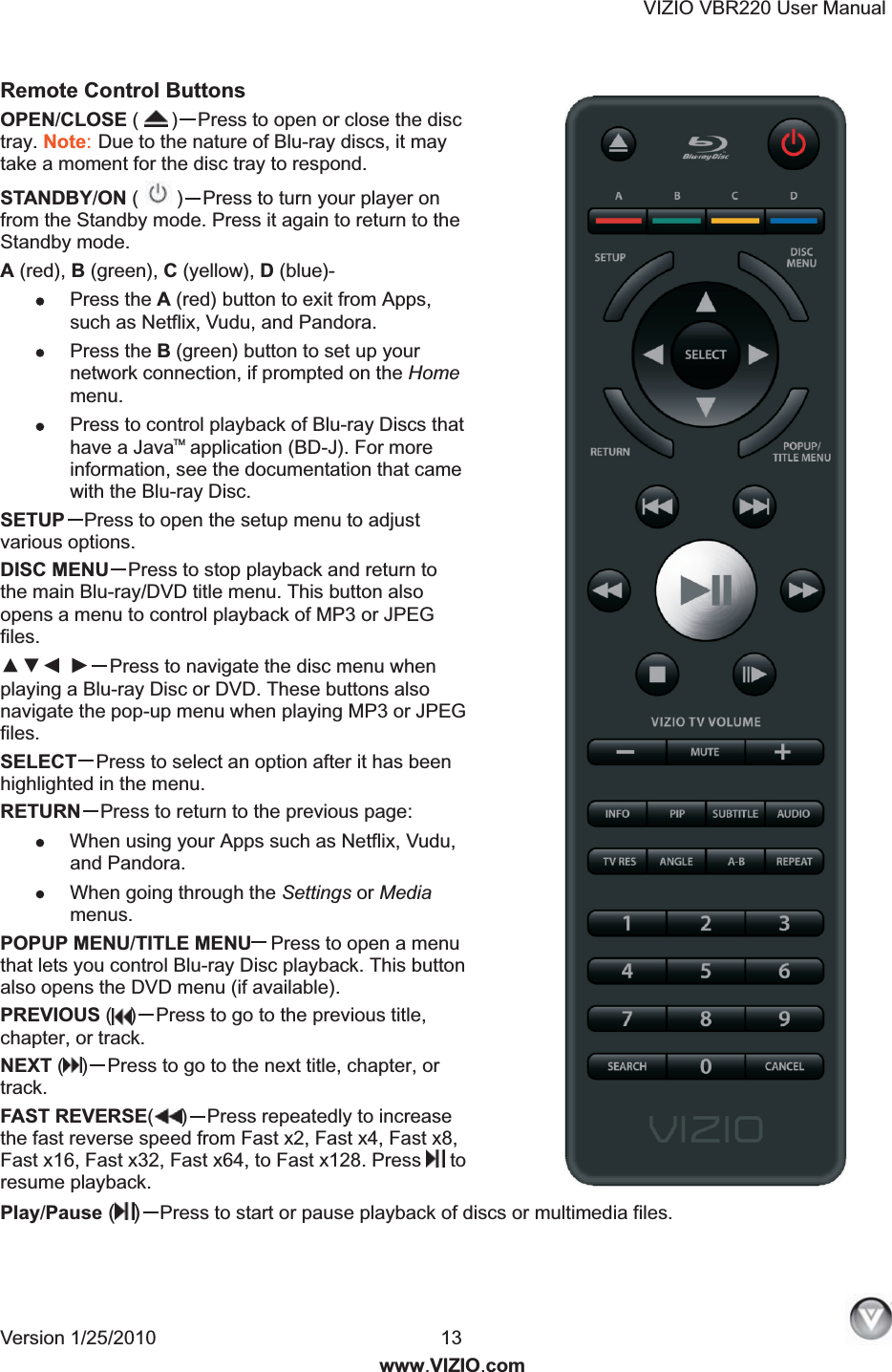 VIZIO VBR220 User Manual Version 1/25/2010  13  www.VIZIO.com Remote Control Buttons OPEN/CLOSE (   )Press to open or close the disc tray. Note: Due to the nature of Blu-ray discs, it may take a moment for the disc tray to respond. STANDBY/ON (   ) Press to turn your player on from the Standby mode. Press it again to return to the Standby mode. A (red), B (green), C (yellow), D (blue)- Press the A (red) button to exit from Apps, such as Netflix, Vudu, and Pandora.  Press the B (green) button to set up your network connection, if prompted on the Home menu.  Press to control playback of Blu-ray Discs that have a Java   application (BD-J). For more information, see the documentation that came with the Blu-ray Disc. SETUP Press to open the setup menu to adjust various options. DISC MENU Press to stop playback and return to the main Blu-ray/DVD title menu. This button also opens a menu to control playback of MP3 or JPEG files. ▲▼◄ ►Press to navigate the disc menu when playing a Blu-ray Disc or DVD. These buttons also navigate the pop-up menu when playing MP3 or JPEG files. SELECT Press to select an option after it has been highlighted in the menu. RETURN Press to return to the previous page:  When using your Apps such as Netflix, Vudu, and Pandora.  When going through the Settings or Media menus.  POPUP MENU/TITLE MENU Press to open a menu that lets you control Blu-ray Disc playback. This button also opens the DVD menu (if available). PREVIOUS ( )Press to go to the previous title, chapter, or track. NEXT ( )Press to go to the next title, chapter, or track. FAST REVERSE()Press repeatedly to increase the fast reverse speed from Fast x2, Fast x4, Fast x8, Fast x16, Fast x32, Fast x64, to Fast x128. Press  to resume playback. Play/Pause ( ) Press to start or pause playback of discs or multimedia files. TM