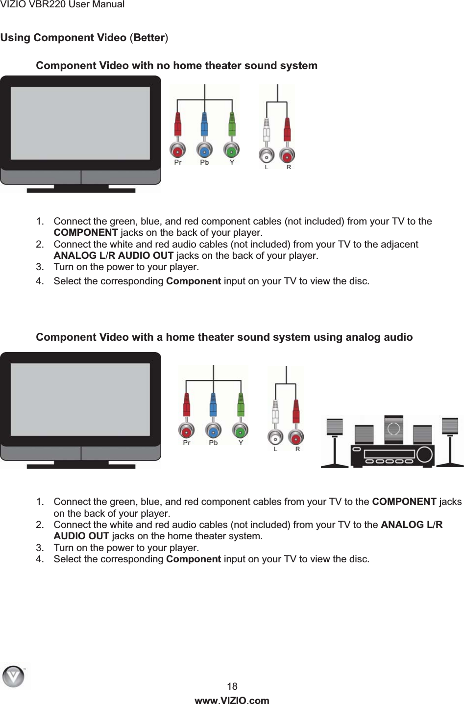 VIZIO VBR220 User Manual  18 www.VIZIO.com Using Component Video (Better)  Component Video with no home theater sound system          1.  Connect the green, blue, and red component cables (not included) from your TV to the COMPONENT jacks on the back of your player. 2.  Connect the white and red audio cables (not included) from your TV to the adjacent ANALOG L/R AUDIO OUT jacks on the back of your player. 3.  Turn on the power to your player. 4.  Select the corresponding Component input on your TV to view the disc.   Component Video with a home theater sound system using analog audio 1.  Connect the green, blue, and red component cables from your TV to the COMPONENT jacks on the back of your player. 2.  Connect the white and red audio cables (not included) from your TV to the ANALOG L/R AUDIO OUT jacks on the home theater system. 3.  Turn on the power to your player. 4.  Select the corresponding Component input on your TV to view the disc. 