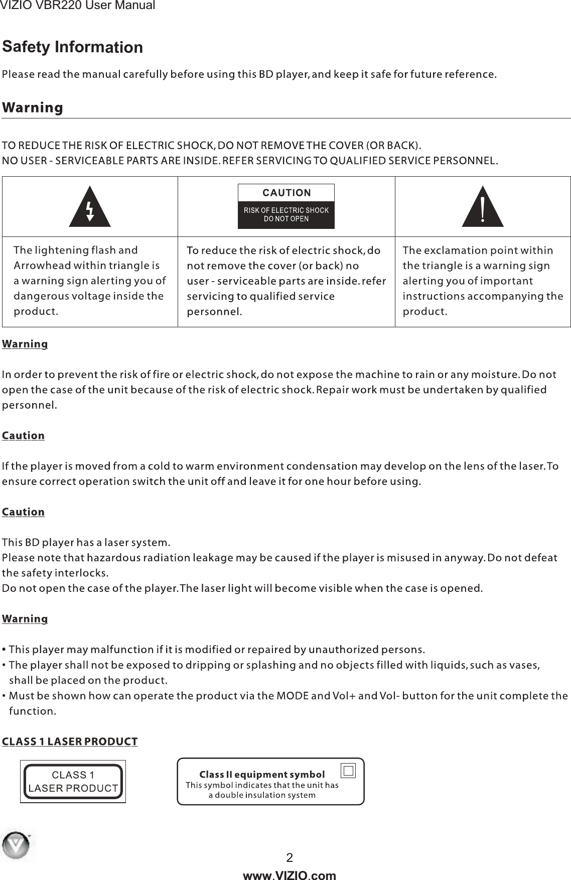 VIZIO BR220 User ManualV2www VIZIO com. .Safety Information