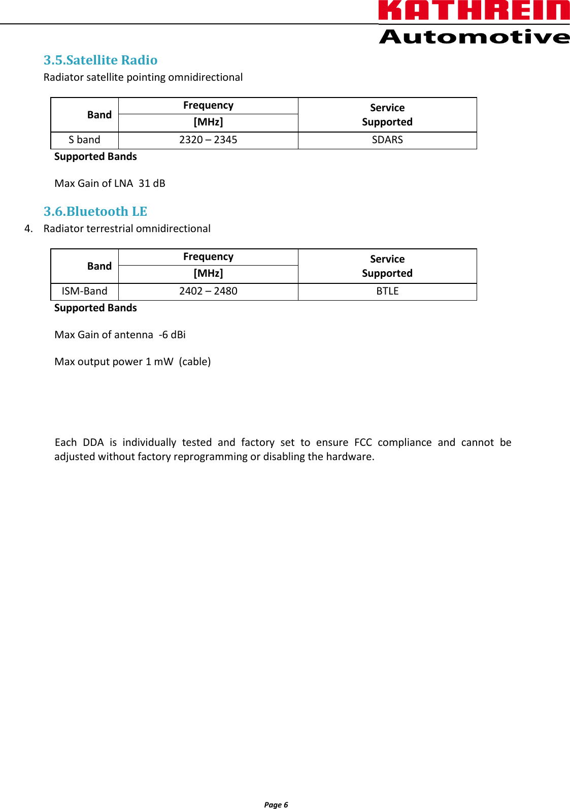                  Page 6                3.5. Satellite Radio Radiator satellite pointing omnidirectional   Band Frequency Service Supported [MHz] S band 2320 – 2345 SDARS Supported Bands Max Gain of LNA  31 dB 3.6. Bluetooth LE 4. Radiator terrestrial omnidirectional   Band Frequency Service Supported [MHz] ISM-Band 2402 – 2480 BTLE Supported Bands Max Gain of antenna  -6 dBi Max output power 1 mW  (cable)   Each  DDA  is  individually  tested  and  factory  set  to  ensure  FCC  compliance  and  cannot  be adjusted without factory reprogramming or disabling the hardware.    