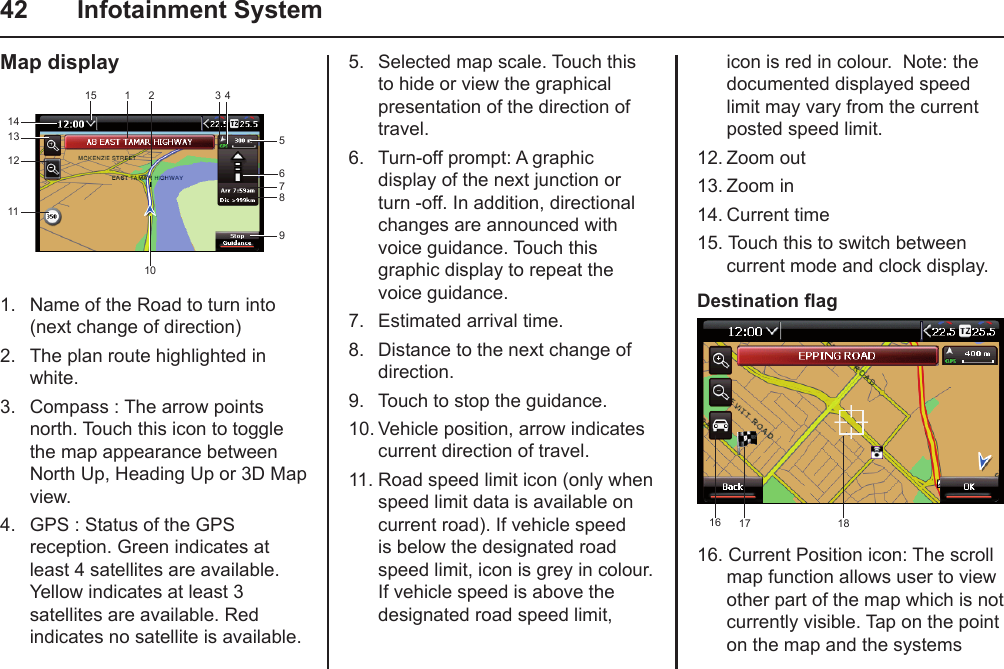 42  Infotainment SystemMap display14567891312112115103 41.  Name of the Road to turn into (next change of direction)2.  The plan route highlighted in white.3.  Compass : The arrow points north. Touch this icon to toggle the map appearance between North Up, Heading Up or 3D Map view.4.  GPS : Status of the GPS reception. Green indicates at least 4 satellites are available. Yellow indicates at least 3 satellites are available. Red indicates no satellite is available.icon is red in colour.  Note: the documented displayed speed limit may vary from the current posted speed limit.12. Zoom out13. Zoom in14. Current time15. Touch this to switch between current mode and clock display.Destination ag1716 1816. Current Position icon: The scroll map function allows user to view other part of the map which is not currently visible. Tap on the point on the map and the systems 5.  Selected map scale. Touch this to hide or view the graphical presentation of the direction of travel.6.  Turn-off prompt: A graphic display of the next junction or turn -off. In addition, directional changes are announced with voice guidance. Touch this graphic display to repeat the voice guidance.7.  Estimated arrival time.8.  Distance to the next change of direction.9.  Touch to stop the guidance.10. Vehicle position, arrow indicates current direction of travel.11. Road speed limit icon (only when speed limit data is available on current road). If vehicle speed is below the designated road speed limit, icon is grey in colour. If vehicle speed is above the designated road speed limit, 