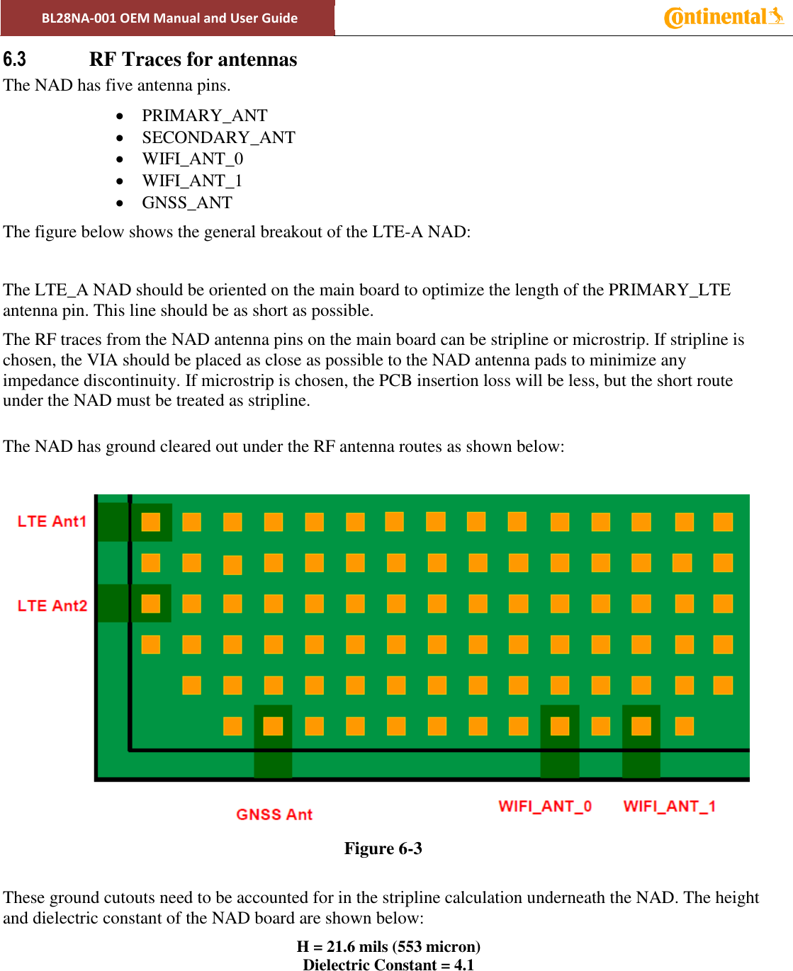BL28NA-001 OEM Manual and User Guide   6.3 RF Traces for antennas The NAD has five antenna pins.  PRIMARY_ANT  SECONDARY_ANT  WIFI_ANT_0  WIFI_ANT_1  GNSS_ANT The figure below shows the general breakout of the LTE-A NAD:  The LTE_A NAD should be oriented on the main board to optimize the length of the PRIMARY_LTE antenna pin. This line should be as short as possible.  The RF traces from the NAD antenna pins on the main board can be stripline or microstrip. If stripline is chosen, the VIA should be placed as close as possible to the NAD antenna pads to minimize any impedance discontinuity. If microstrip is chosen, the PCB insertion loss will be less, but the short route under the NAD must be treated as stripline.   The NAD has ground cleared out under the RF antenna routes as shown below:   Figure 6-3  These ground cutouts need to be accounted for in the stripline calculation underneath the NAD. The height and dielectric constant of the NAD board are shown below: H = 21.6 mils (553 micron) Dielectric Constant = 4.1     