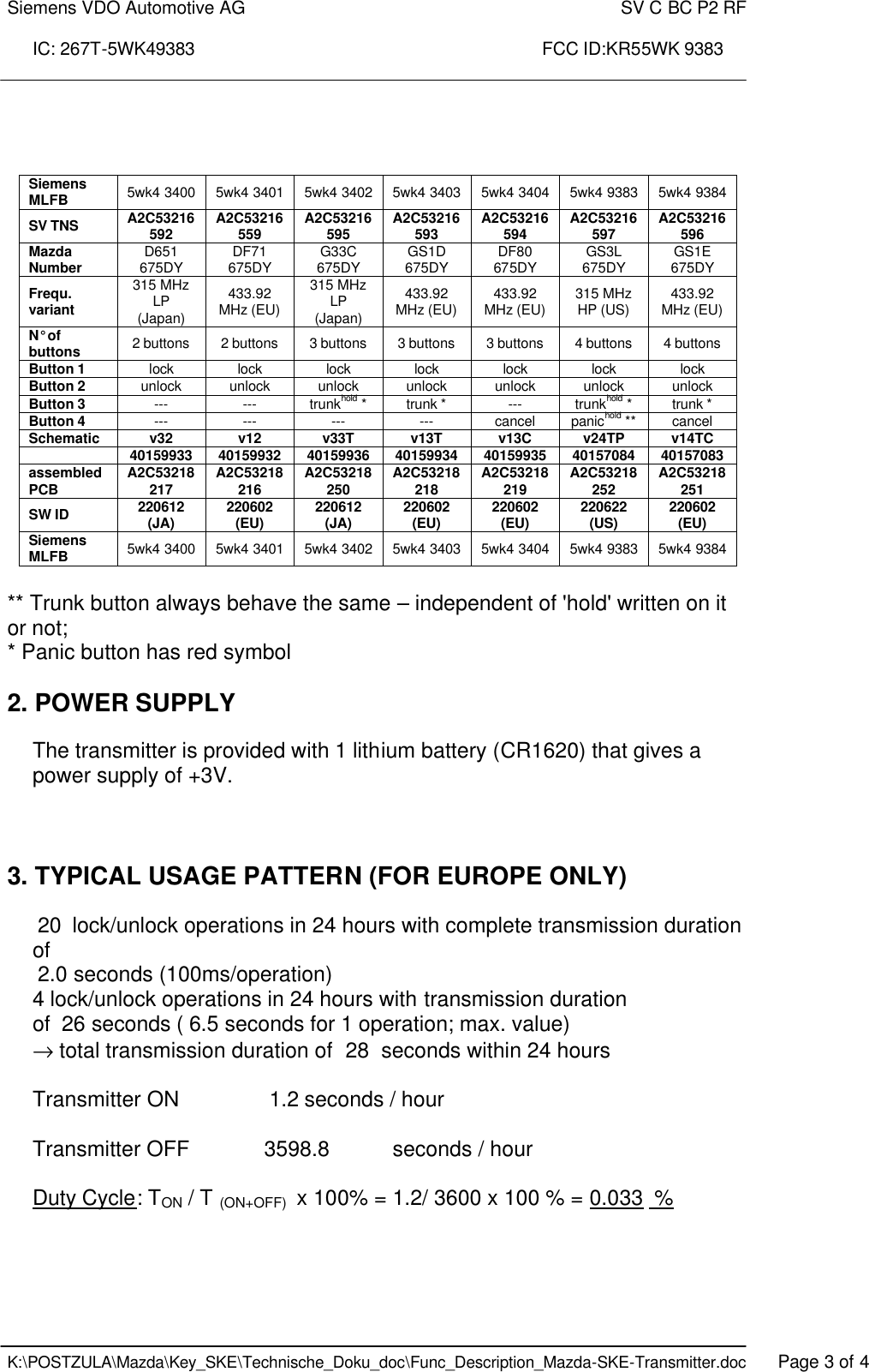 Siemens VDO Automotive AG    SV C BC P2 RF  IC: 267T-5WK49383                                                                      FCC ID:KR55WK 9383    K:\POSTZULA\Mazda\Key_SKE\Technische_Doku_doc\Func_Description_Mazda-SKE-Transmitter.doc   Page 3 of 4    ** Trunk button always behave the same – independent of &apos;hold&apos; written on it or not; * Panic button has red symbol  2. POWER SUPPLY  The transmitter is provided with 1 lithium battery (CR1620) that gives a power supply of +3V.     3. TYPICAL USAGE PATTERN (FOR EUROPE ONLY)    20  lock/unlock operations in 24 hours with complete transmission duration of   2.0 seconds (100ms/operation) 4 lock/unlock operations in 24 hours with transmission duration of  26 seconds ( 6.5 seconds for 1 operation; max. value) → total transmission duration of  28  seconds within 24 hours  Transmitter ON     1.2 seconds / hour  Transmitter OFF    3598.8   seconds / hour  Duty Cycle: TON / T (ON+OFF)  x 100% = 1.2/ 3600 x 100 % = 0.033  % Siemens MLFB 5wk4 3400 5wk4 3401 5wk4 3402 5wk4 3403 5wk4 3404 5wk4 9383 5wk4 9384 SV TNS A2C53216592  A2C53216559  A2C53216595  A2C53216593  A2C53216594  A2C53216597  A2C53216596 Mazda Number  D651 675DY DF71 675DY G33C 675DY GS1D 675DY DF80 675DY  GS3L 675DY GS1E 675DY Frequ. variant 315 MHz LP (Japan) 433.92 MHz (EU) 315 MHz LP (Japan) 433.92 MHz (EU) 433.92 MHz (EU) 315 MHz HP (US) 433.92 MHz (EU) N° of buttons  2 buttons 2 buttons 3 buttons 3 buttons 3 buttons 4 buttons 4 buttons Button 1 lock lock lock lock lock lock lock Button 2 unlock  unlock  unlock  unlock  unlock  unlock  unlock Button 3 ---  ---  trunkhold * trunk *  ---  trunkhold * trunk * Button 4 ---  ---  ---  ---  cancel panichold ** cancel Schematic  v32  v12  v33T v13T v13C  v24TP  v14TC   40159933  40159932  40159936  40159934  40159935  40157084  40157083 assembled PCB  A2C53218217  A2C53218216  A2C53218250  A2C53218218  A2C53218219  A2C53218252  A2C53218251 SW ID 220612 (JA) 220602 (EU) 220612 (JA) 220602 (EU) 220602 (EU) 220622 (US) 220602 (EU) Siemens MLFB 5wk4 3400 5wk4 3401 5wk4 3402 5wk4 3403 5wk4 3404 5wk4 9383 5wk4 9384 