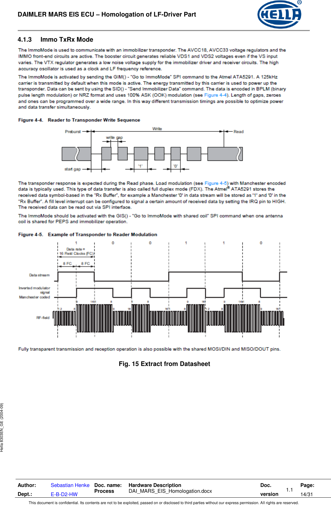  DAIMLER MARS EIS ECU – Homologation of LF-Driver Part   Author: Dept.: Sebastian Henke E-B-D2-HW Doc. name: Process Hardware Description  DAI_MARS_EIS_Homologation.docx Doc. version 1.1 Page: 14/31 This document is confidential. Its contents are not to be exploited, passed on or disclosed to third parties without our express permission. All rights are reserved. Hella 8303EN_GE (2004-09) 4.1.3  Immo TxRx Mode   Fig. 15 Extract from Datasheet       
