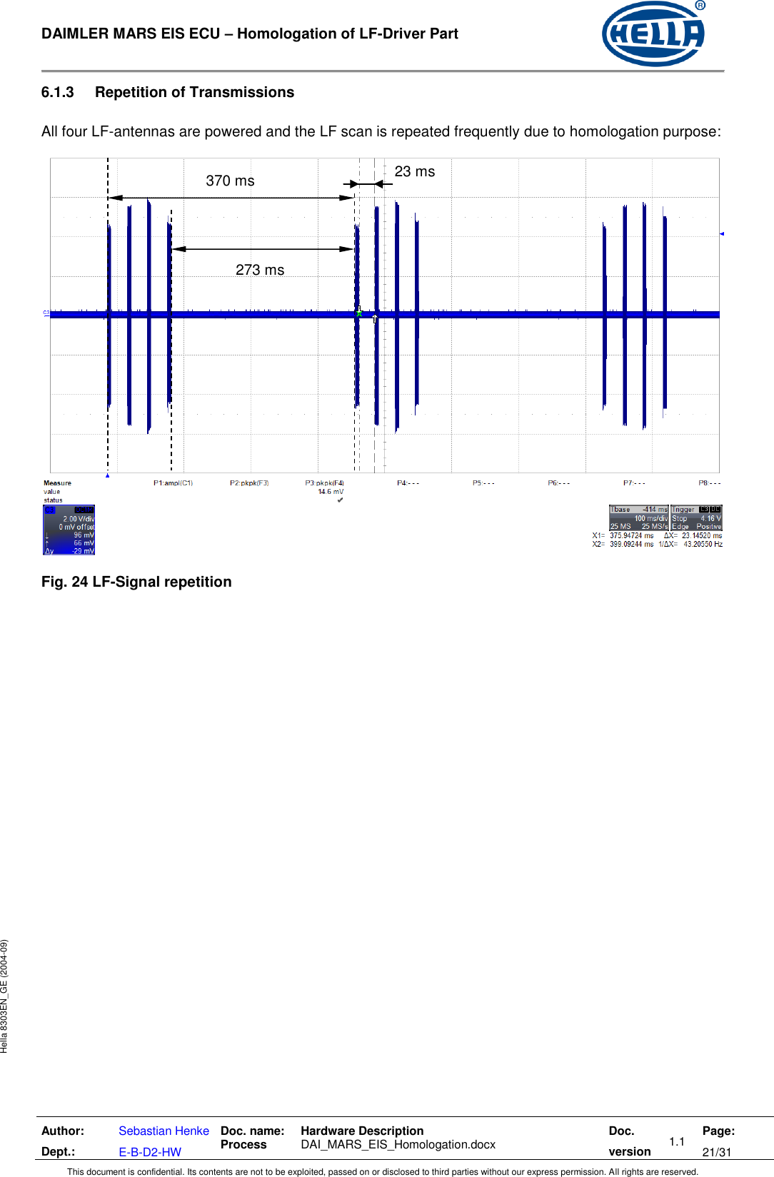  DAIMLER MARS EIS ECU – Homologation of LF-Driver Part   Author: Dept.: Sebastian Henke E-B-D2-HW Doc. name: Process Hardware Description  DAI_MARS_EIS_Homologation.docx Doc. version 1.1 Page: 21/31 This document is confidential. Its contents are not to be exploited, passed on or disclosed to third parties without our express permission. All rights are reserved. Hella 8303EN_GE (2004-09) 6.1.3  Repetition of Transmissions  All four LF-antennas are powered and the LF scan is repeated frequently due to homologation purpose:    Fig. 24 LF-Signal repetition  273 ms 23 ms 370 ms 