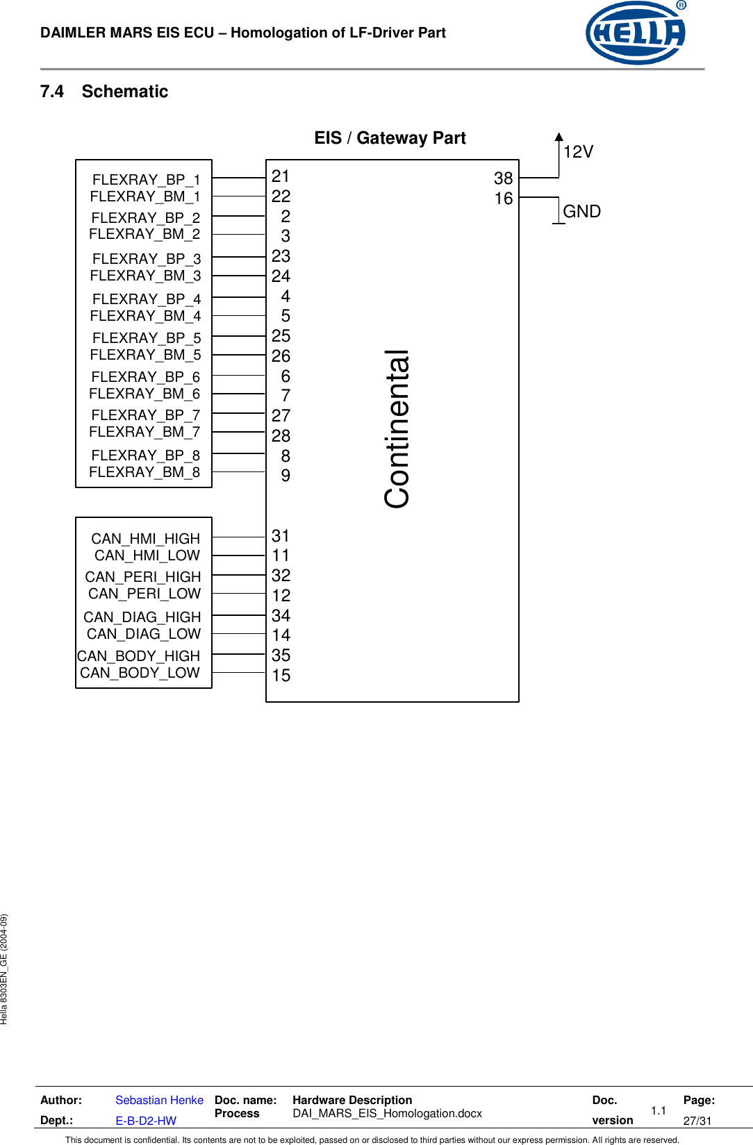  DAIMLER MARS EIS ECU – Homologation of LF-Driver Part   Author: Dept.: Sebastian Henke E-B-D2-HW Doc. name: Process Hardware Description  DAI_MARS_EIS_Homologation.docx Doc. version 1.1 Page: 27/31 This document is confidential. Its contents are not to be exploited, passed on or disclosed to third parties without our express permission. All rights are reserved. Hella 8303EN_GE (2004-09) 7.4  Schematic    38 16    EIS / Gateway Part 21 22 2 3 23 24 4 5 25 26 6 7 27 28 8 9   31 11 32 12 34 14 35 15  12V   GND FLEXRAY_BP_1 FLEXRAY_BM_1 FLEXRAY_BP_2 FLEXRAY_BM_2 FLEXRAY_BP_3 FLEXRAY_BM_3 FLEXRAY_BP_4 FLEXRAY_BM_4 FLEXRAY_BP_5 FLEXRAY_BM_5 FLEXRAY_BP_6 FLEXRAY_BM_6 FLEXRAY_BP_7 FLEXRAY_BM_7 FLEXRAY_BP_8 FLEXRAY_BM_8 CAN_HMI_HIGH CAN_HMI_LOW  CAN_PERI_HIGH CAN_PERI_LOW  CAN_DIAG_HIGH CAN_DIAG_LOW  CAN_BODY_HIGH CAN_BODY_LOW  Continental 