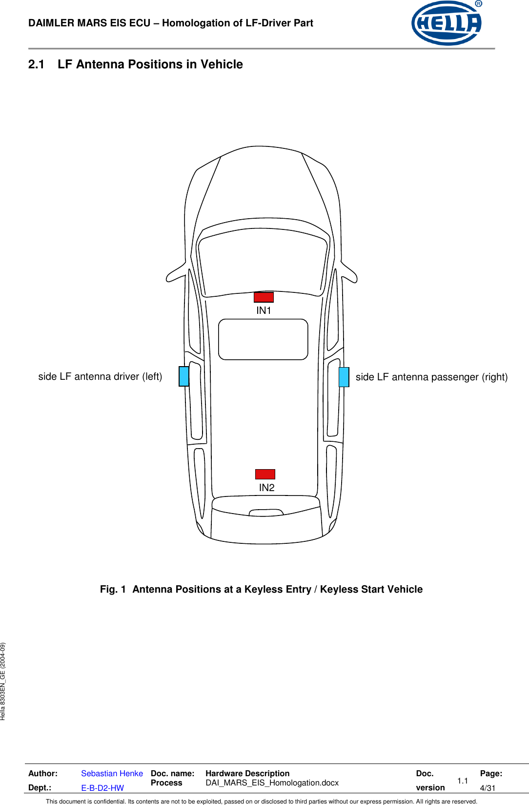  DAIMLER MARS EIS ECU – Homologation of LF-Driver Part   Author: Dept.: Sebastian Henke E-B-D2-HW Doc. name: Process Hardware Description  DAI_MARS_EIS_Homologation.docx Doc. version 1.1 Page: 4/31 This document is confidential. Its contents are not to be exploited, passed on or disclosed to third parties without our express permission. All rights are reserved. Hella 8303EN_GE (2004-09) 2.1  LF Antenna Positions in Vehicle                                            Fig. 1  Antenna Positions at a Keyless Entry / Keyless Start Vehicle        side LF antenna driver (left) side LF antenna passenger (right) IN1 IN2 