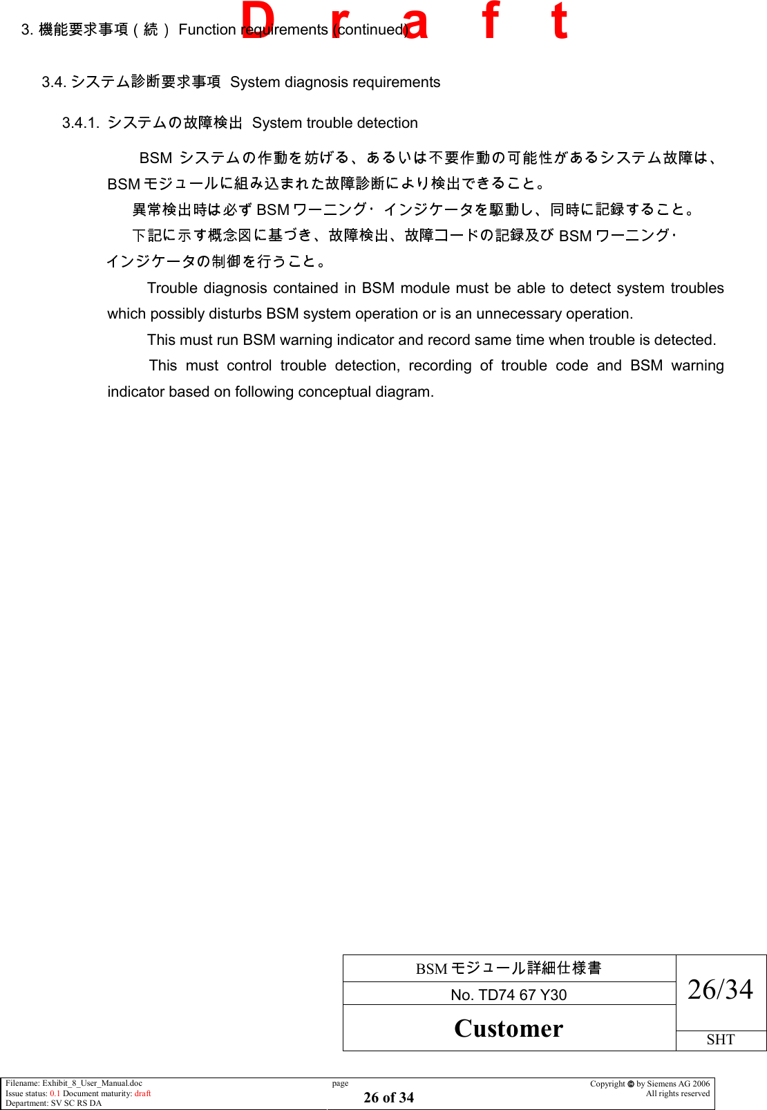    BSM  No. TD74 67 Y30 26/34 Customer SHT  Filename: Exhibit_8_User_Manual.doc Issue status: 0.1 Document maturity: draft Department: SV SC RS DA page 26 of 34 Copyright  by Siemens AG 2006 All rights reserved   D    r    a    f    t 3.   Function requirements (continued)  3.4.    System diagnosis requirements3.4.1.     System trouble detection BSMBSM  BSM  BSM                             Trouble diagnosis contained in BSM module must be able to detect system troubles which possibly disturbs BSM system operation or is an unnecessary operation. This must run BSM warning indicator and record same time when trouble is detected. This  must  control  trouble  detection,  recording  of  trouble  code  and  BSM  warning indicator based on following conceptual diagram.  