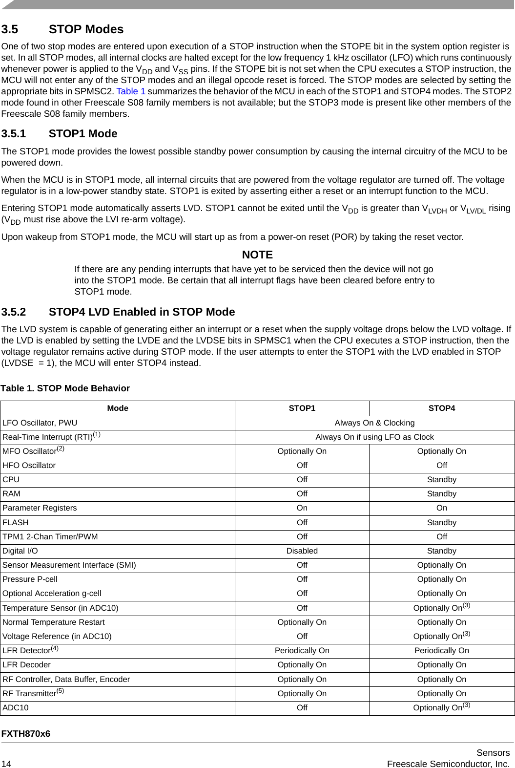 FXTH870x6Sensors14 Freescale Semiconductor, Inc.3.5 STOP ModesOne of two stop modes are entered upon execution of a STOP instruction when the STOPE bit in the system option register is set. In all STOP modes, all internal clocks are halted except for the low frequency 1 kHz oscillator (LFO) which runs continuously whenever power is applied to the VDD and VSS pins. If the STOPE bit is not set when the CPU executes a STOP instruction, the MCU will not enter any of the STOP modes and an illegal opcode reset is forced. The STOP modes are selected by setting the appropriate bits in SPMSC2. Table 1 summarizes the behavior of the MCU in each of the STOP1 and STOP4 modes. The STOP2 mode found in other Freescale S08 family members is not available; but the STOP3 mode is present like other members of the Freescale S08 family members.3.5.1 STOP1 ModeThe STOP1 mode provides the lowest possible standby power consumption by causing the internal circuitry of the MCU to be powered down.When the MCU is in STOP1 mode, all internal circuits that are powered from the voltage regulator are turned off. The voltage regulator is in a low-power standby state. STOP1 is exited by asserting either a reset or an interrupt function to the MCU.Entering STOP1 mode automatically asserts LVD. STOP1 cannot be exited until the VDD is greater than VLVDH or VLV/DL rising (VDD must rise above the LVI re-arm voltage).Upon wakeup from STOP1 mode, the MCU will start up as from a power-on reset (POR) by taking the reset vector.NOTEIf there are any pending interrupts that have yet to be serviced then the device will not go into the STOP1 mode. Be certain that all interrupt flags have been cleared before entry to STOP1 mode.3.5.2 STOP4 LVD Enabled in STOP ModeThe LVD system is capable of generating either an interrupt or a reset when the supply voltage drops below the LVD voltage. If the LVD is enabled by setting the LVDE and the LVDSE bits in SPMSC1 when the CPU executes a STOP instruction, then the voltage regulator remains active during STOP mode. If the user attempts to enter the STOP1 with the LVD enabled in STOP (LVDSE  = 1), the MCU will enter STOP4 instead.Table 1. STOP Mode BehaviorMode STOP1 STOP4LFO Oscillator, PWU Always On &amp; ClockingReal-Time Interrupt (RTI)(1) Always On if using LFO as ClockMFO Oscillator(2)  Optionally On Optionally OnHFO Oscillator Off OffCPU Off StandbyRAM Off StandbyParameter Registers On OnFLASH Off StandbyTPM1 2-Chan Timer/PWM Off OffDigital I/O Disabled StandbySensor Measurement Interface (SMI) Off Optionally OnPressure P-cell Off Optionally OnOptional Acceleration g-cell Off Optionally OnTemperature Sensor (in ADC10) Off Optionally On(3)Normal Temperature Restart Optionally On Optionally OnVoltage Reference (in ADC10) Off Optionally On(3)LFR Detector(4) Periodically On Periodically OnLFR Decoder Optionally On Optionally OnRF Controller, Data Buffer, Encoder Optionally On Optionally OnRF Transmitter(5) Optionally On Optionally OnADC10 Off Optionally On(3)