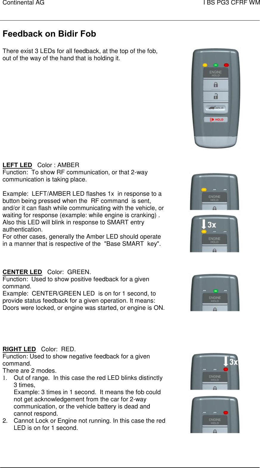 Continental AG   I BS PG3 CFRF WM        Feedback on Bidir Fob    There exist 3 LEDs for all feedback, at the top of the fob,  out of the way of the hand that is holding it.               LEFT LED   Color : AMBER Function:  To show RF communication, or that 2-way communication is taking place.  Example:  LEFT/AMBER LED flashes 1x  in response to a button being pressed when the  RF command  is sent, and/or it can flash while communicating with the vehicle, or waiting for response (example: while engine is cranking) .  Also this LED will blink in response to SMART entry authentication. For other cases, generally the Amber LED should operate in a manner that is respective of the  &quot;Base SMART  key&quot;.      CENTER LED   Color:  GREEN.  Function:  Used to show positive feedback for a given command. Example:  CENTER/GREEN LED  is on for 1 second, to  provide status feedback for a given operation. It means:  Doors were locked, or engine was started, or engine is ON.     RIGHT LED   Color:  RED.  Function: Used to show negative feedback for a given command. There are 2 modes. 1.  Out of range.  In this case the red LED blinks distinctly 3 times, Example: 3 times in 1 second.  It means the fob could not get acknowledgement from the car for 2-way communication, or the vehicle battery is dead and cannot respond. 2.  Cannot Lock or Engine not running. In this case the red LED is on for 1 second.     