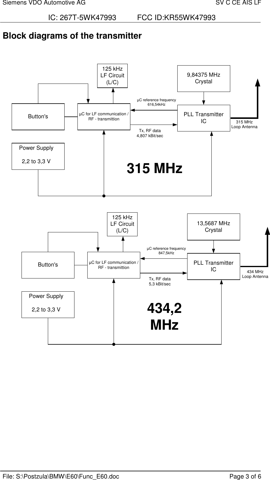Siemens VDO Automotive AG SV C CE AIS LFIC: 267T-5WK47993          FCC ID:KR55WK47993File: S:\Postzula\BMW\E60\Func_E60.doc Page 3 of 6Block diagrams of the transmitterButton&apos;s PLL TransmitterIC9,84375 MHzCrystal125 kHzLF Circuit(L/C)315 MHzLoop AntennaµC for LF communication /RF - transmittionPower Supply2,2 to 3,3 VµC reference frequency616,54kHzTx, RF data4,807 kBit/sec315 MHzButton&apos;s PLL TransmitterIC13,5687 MHzCrystal125 kHzLF Circuit(L/C)µC for LF communication /RF - transmittionPower Supply2,2 to 3,3 VµC reference frequency847,5kHzTx, RF data5,3 kBit/sec434,2MHz434 MHzLoop Antenna