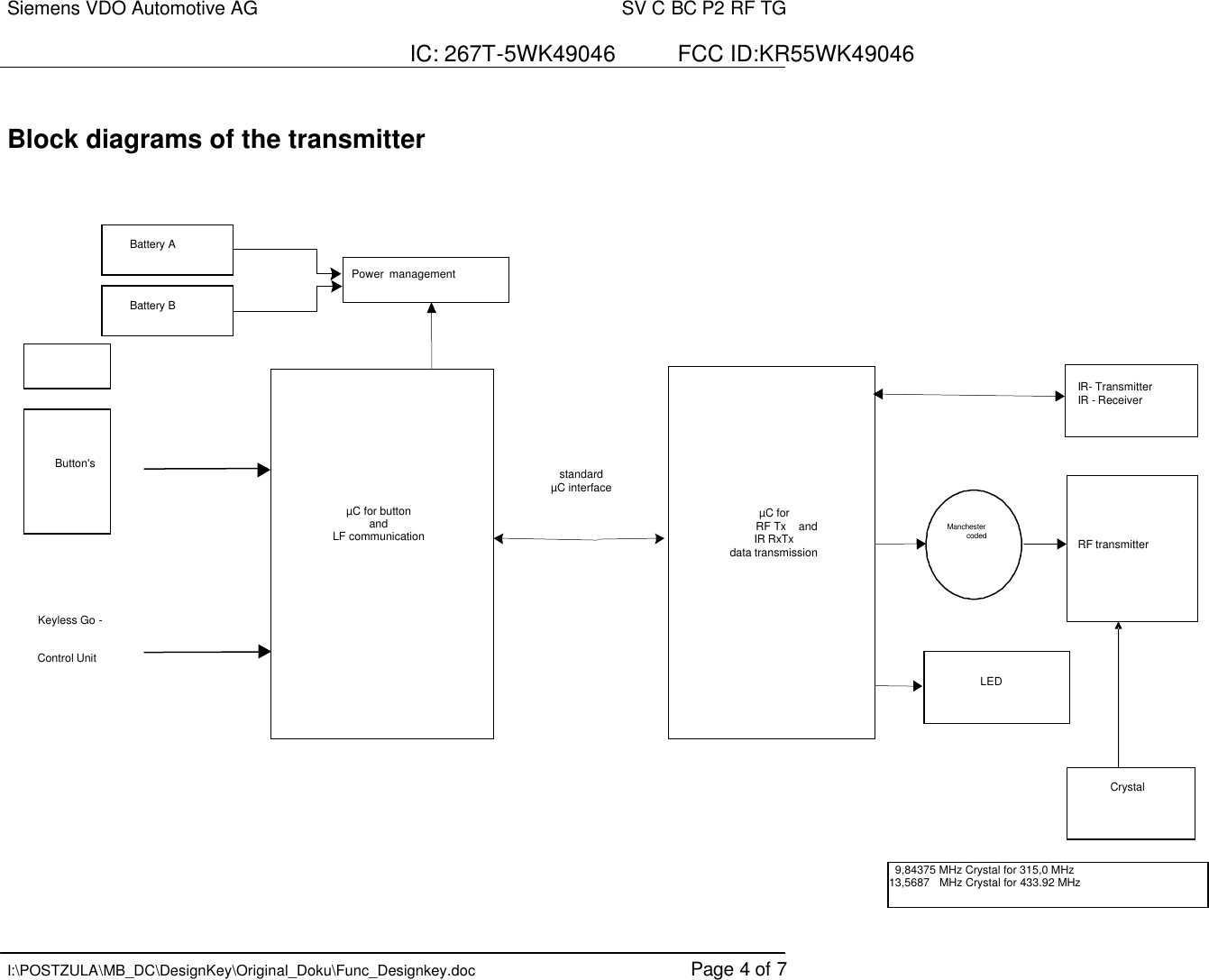 Siemens VDO Automotive AG    SV C BC P2 RF TG  IC: 267T-5WK49046          FCC ID:KR55WK49046   I:\POSTZULA\MB_DC\DesignKey\Original_Doku\Func_Designkey.doc Page 4 of 7  Block diagrams of the transmitter                 µC for           RF Tx    and  IR RxTx  data transmission  µC for button and LF communication Button&apos;s Keyless Go - Control Unit IR- Transmitter IR - Receiver RF transmitter LED Power  management Manchester coded Battery A Battery B standard µC interface   9,84375 MHz Crystal for 315,0 MHz  13,5687   MHz Crystal for 433.92 MHz   Crystal 