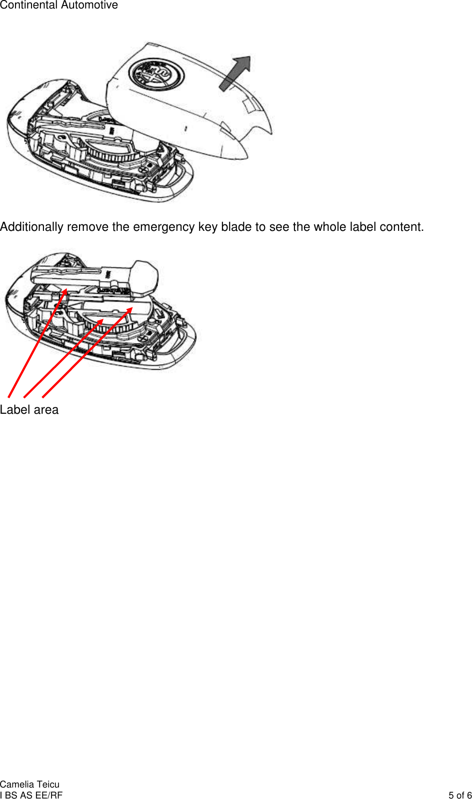 Continental Automotive    Camelia Teicu I BS AS EE/RF    5 of 6   Additionally remove the emergency key blade to see the whole label content.     Label area   