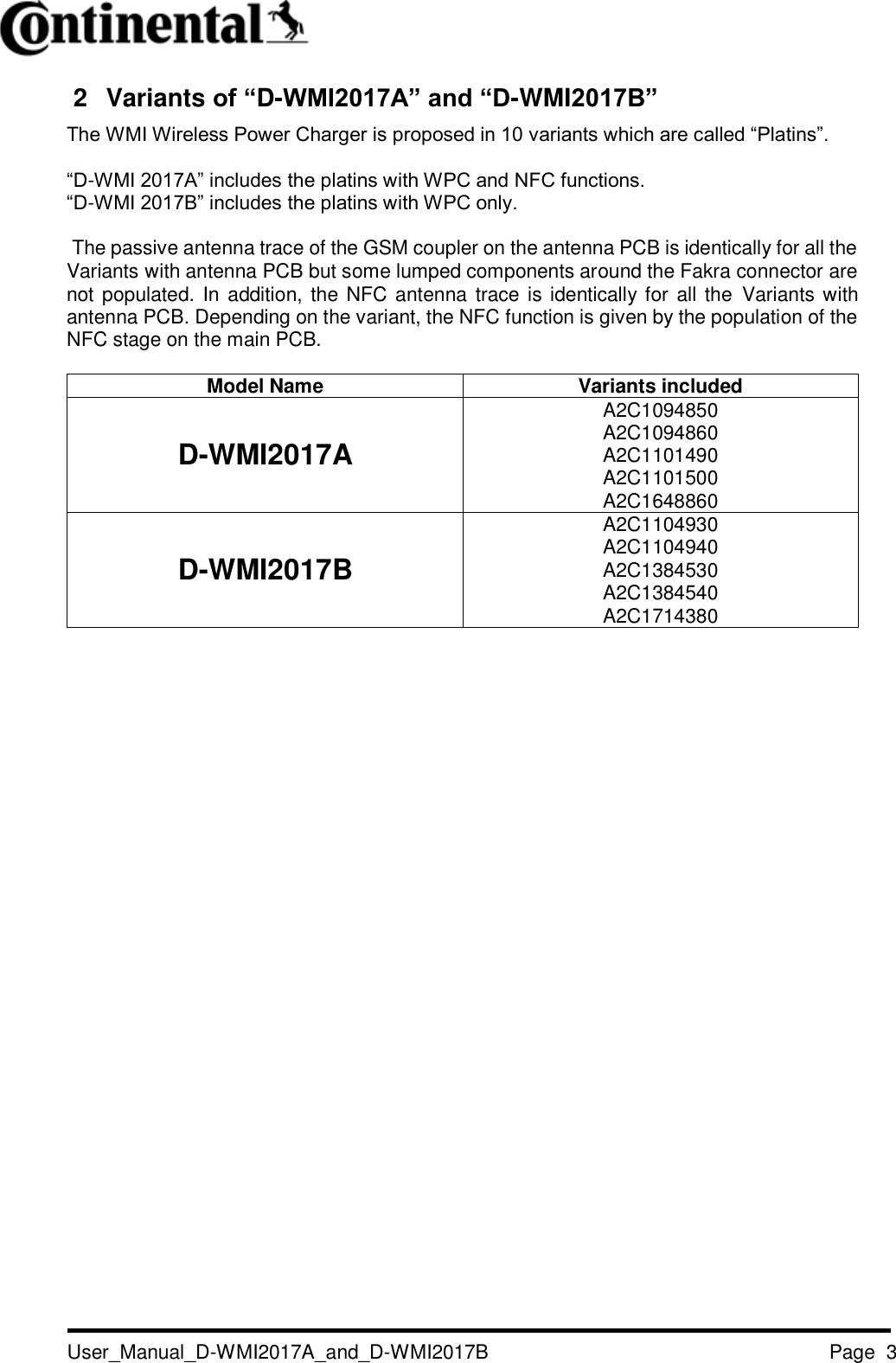   User_Manual_D-WMI2017A_and_D-WMI2017B Page  3   2  Variants of “D-WMI2017A” and “D-WMI2017B” The WMI Wireless Power Charger is proposed in 10 variants which are called “Platins”.   “D-WMI 2017A” includes the platins with WPC and NFC functions. “D-WMI 2017B” includes the platins with WPC only.   The passive antenna trace of the GSM coupler on the antenna PCB is identically for all the Variants with antenna PCB but some lumped components around the Fakra connector are not populated. In addition, the NFC antenna trace is identically for all the  Variants with antenna PCB. Depending on the variant, the NFC function is given by the population of the NFC stage on the main PCB.   Model Name Variants included D-WMI2017A A2C1094850 A2C1094860 A2C1101490 A2C1101500 A2C1648860 D-WMI2017B A2C1104930 A2C1104940 A2C1384530 A2C1384540 A2C1714380    