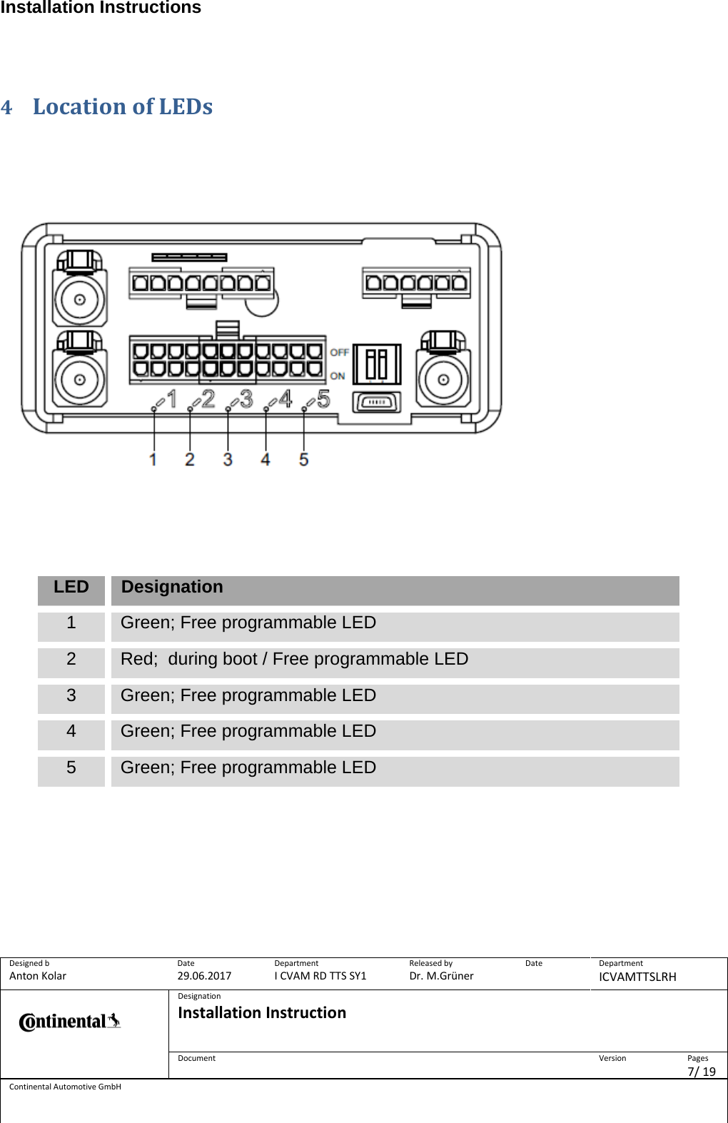 Installation Instructions      Designed b Anton Kolar Date 29.06.2017 Department I CVAM RD TTS SY1 Released by Dr. M.Grüner Date  Department ICVAMTTSLRH  Designation Installation Instruction    Document  Version  Pages 7/ 19 Continental Automotive GmbH   4 Location of LEDs              LED  Designation 1 Green; Free programmable LED 2 Red;  during boot / Free programmable LED 3 Green; Free programmable LED 4 Green; Free programmable LED 5 Green; Free programmable LED      