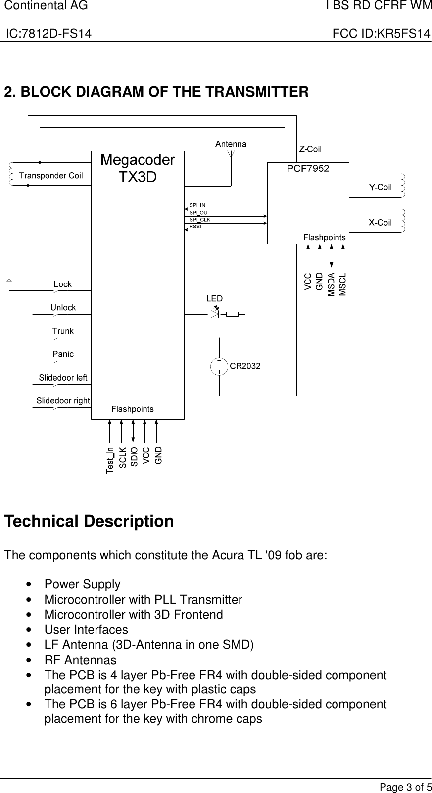 Continental AG    I BS RD CFRF WM  IC:7812D-FS14                                                                      FCC ID:KR5FS14       Page 3 of 5  2. BLOCK DIAGRAM OF THE TRANSMITTER    Technical Description  The components which constitute the Acura TL &apos;09 fob are:  •  Power Supply •  Microcontroller with PLL Transmitter •  Microcontroller with 3D Frontend •  User Interfaces •  LF Antenna (3D-Antenna in one SMD)   •  RF Antennas •  The PCB is 4 layer Pb-Free FR4 with double-sided component placement for the key with plastic caps •  The PCB is 6 layer Pb-Free FR4 with double-sided component placement for the key with chrome caps   
