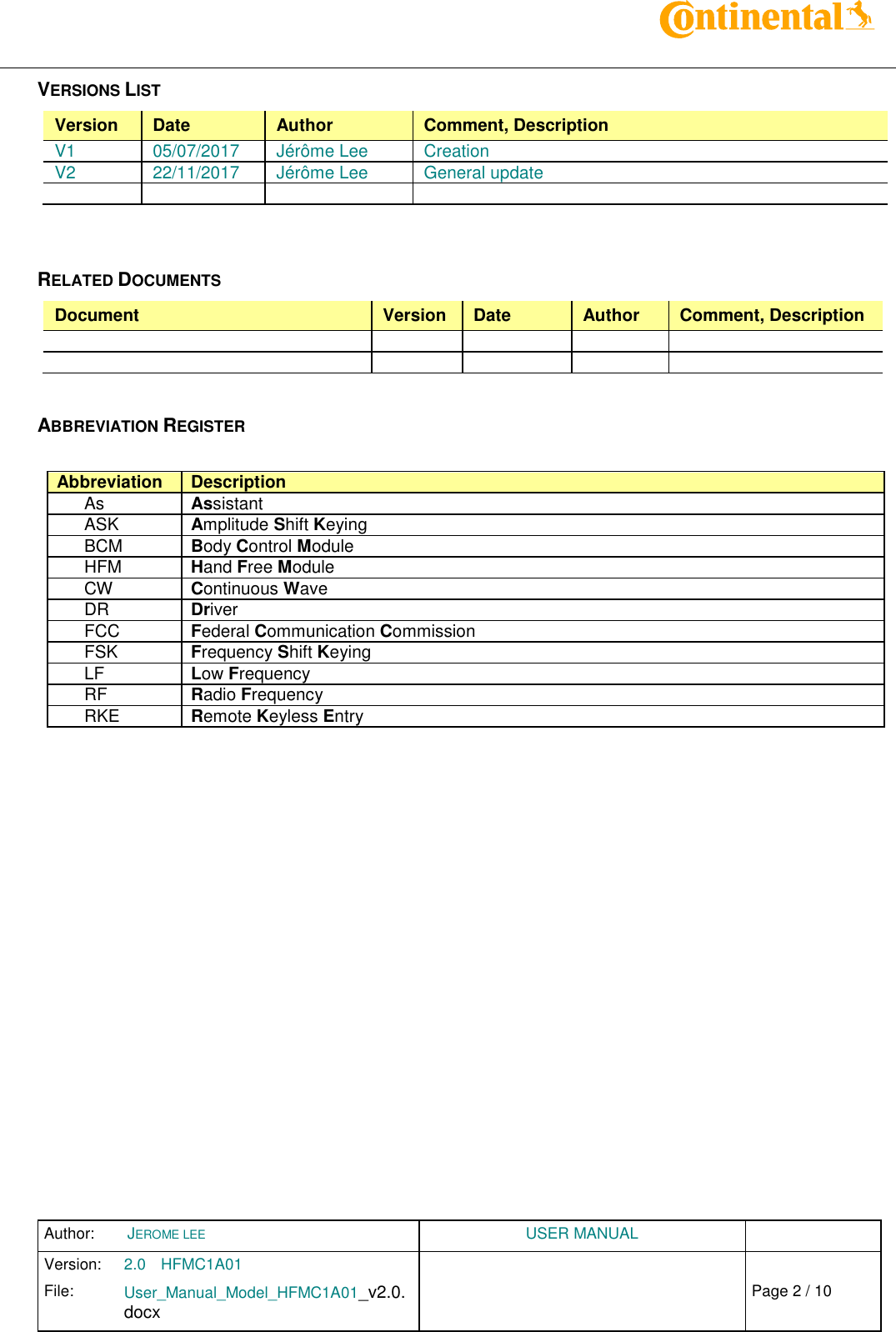 Author:  JEROME LEE  USER MANUAL  Version: 2.0 HFMC1A01   Chap. 0 File: User_Manual_Model_HFMC1A01_v2.0.docx                            Fehler! Verweisquelle konnte nicht gefunden werden. Page 2 / 10    VERSIONS LIST Version Date Author Comment, Description V1 05/07/2017 Jérôme Lee Creation V2 22/11/2017 Jérôme Lee General update      RELATED DOCUMENTS Document Version Date Author Comment, Description            ABBREVIATION REGISTER  Abbreviation Description As Assistant ASK Amplitude Shift Keying BCM Body Control Module HFM Hand Free Module CW Continuous Wave DR Driver FCC Federal Communication Commission FSK Frequency Shift Keying LF Low Frequency RF Radio Frequency RKE Remote Keyless Entry    