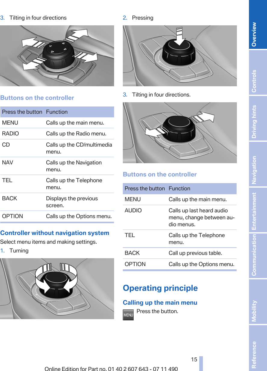 3. Tilting in four directionsButtons on the controllerPress the button FunctionMENU Calls up the main menu.RADIO Calls up the Radio menu.CD Calls up the CD/multimediamenu.NAV Calls up the Navigationmenu.TEL Calls up the Telephonemenu.BACK Displays the previousscreen.OPTION Calls up the Options menu.Controller without navigation systemSelect menu items and making settings.1. Turning2. Pressing3. Tilting in four directions.Buttons on the controllerPress the button FunctionMENU Calls up the main menu.AUDIO Calls up last heard audiomenu, change between au‐dio menus.TEL Calls up the Telephonemenu.BACK Call up previous table.OPTION Calls up the Options menu.Operating principleCalling up the main menuPress the button.Seite 1515Online Edition for Part no. 01 40 2 607 643 - 07 11 490 Reference Mobility Communication Entertainment Navigation Driving hints Controls Overview  