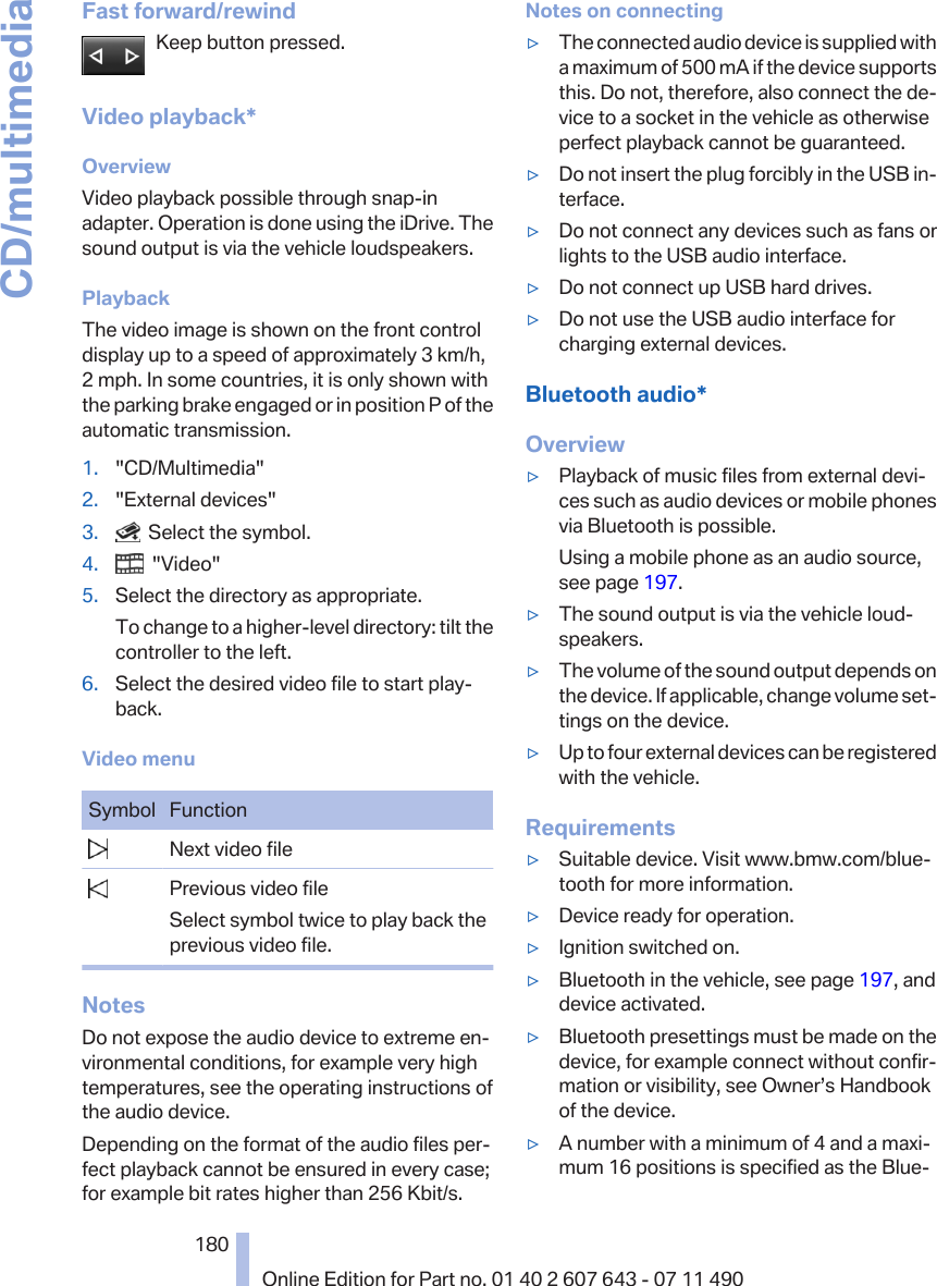 Fast forward/rewindKeep button pressed.Video playback*OverviewVideo playback possible through snap-inadapter. Operation is done using the iDrive. Thesound output is via the vehicle loudspeakers.PlaybackThe video image is shown on the front controldisplay up to a speed of approximately 3 km/h,2 mph. In some countries, it is only shown withthe parking brake engaged or in position P of theautomatic transmission.1. &quot;CD/Multimedia&quot;2. &quot;External devices&quot;3.   Select the symbol.4.   &quot;Video&quot;5. Select the directory as appropriate.To change to a higher-level directory: tilt thecontroller to the left.6. Select the desired video file to start play‐back.Video menuSymbol Function  Next video file  Previous video fileSelect symbol twice to play back theprevious video file.NotesDo not expose the audio device to extreme en‐vironmental conditions, for example very hightemperatures, see the operating instructions ofthe audio device.Depending on the format of the audio files per‐fect playback cannot be ensured in every case;for example bit rates higher than 256 Kbit/s.Notes on connecting▷The connected audio device is supplied witha maximum of 500 mA if the device supportsthis. Do not, therefore, also connect the de‐vice to a socket in the vehicle as otherwiseperfect playback cannot be guaranteed.▷Do not insert the plug forcibly in the USB in‐terface.▷Do not connect any devices such as fans orlights to the USB audio interface.▷Do not connect up USB hard drives.▷Do not use the USB audio interface forcharging external devices.Bluetooth audio*Overview▷Playback of music files from external devi‐ces such as audio devices or mobile phonesvia Bluetooth is possible.Using a mobile phone as an audio source,see page 197.▷The sound output is via the vehicle loud‐speakers.▷The volume of the sound output depends onthe device. If applicable, change volume set‐tings on the device.▷Up to four external devices can be registeredwith the vehicle.Requirements▷Suitable device. Visit www.bmw.com/blue‐tooth for more information.▷Device ready for operation.▷Ignition switched on.▷Bluetooth in the vehicle, see page 197, anddevice activated.▷Bluetooth presettings must be made on thedevice, for example connect without confir‐mation or visibility, see Owner’s Handbookof the device.▷A number with a minimum of 4 and a maxi‐mum 16 positions is specified as the Blue‐Seite 180180Online Edition for Part no. 01 40 2 607 643 - 07 11 490CD/multimedia