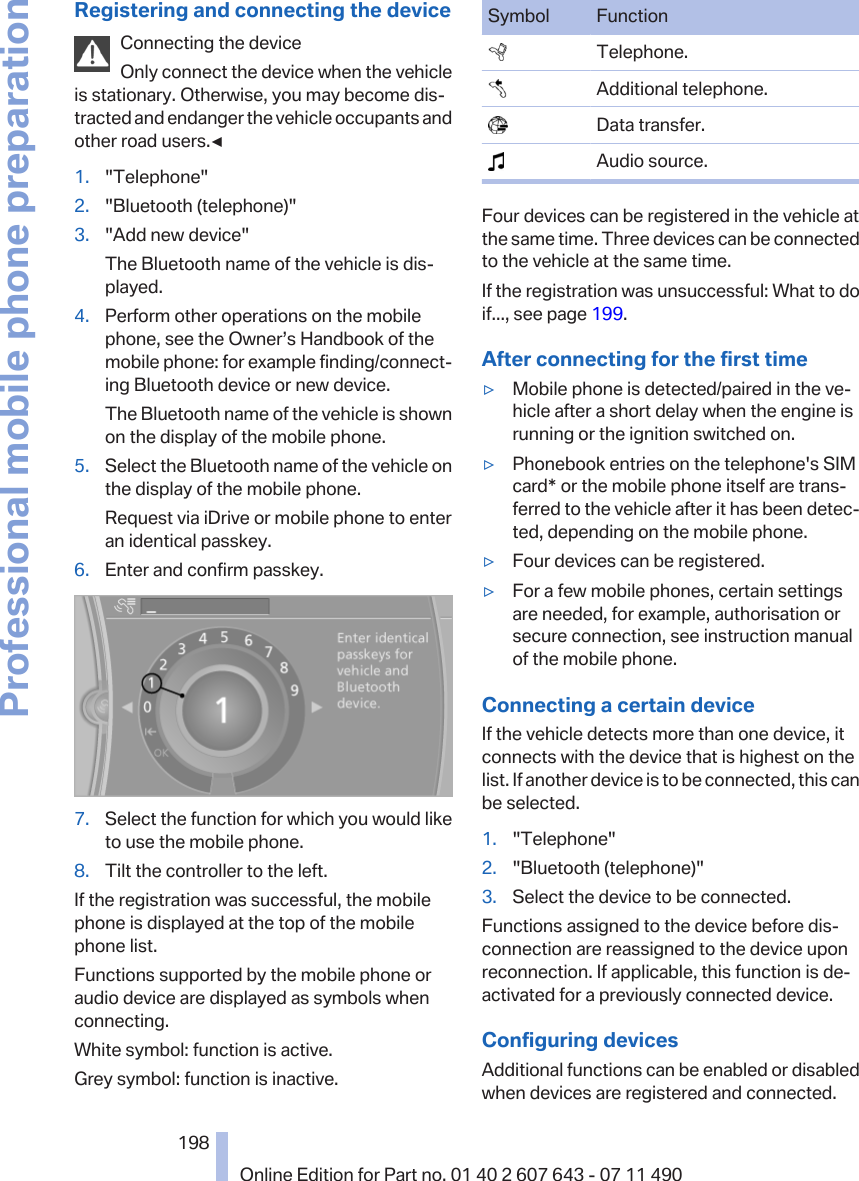 Registering and connecting the deviceConnecting the deviceOnly connect the device when the vehicleis stationary. Otherwise, you may become dis‐tracted and endanger the vehicle occupants andother road users.◀1. &quot;Telephone&quot;2. &quot;Bluetooth (telephone)&quot;3. &quot;Add new device&quot;The Bluetooth name of the vehicle is dis‐played.4. Perform other operations on the mobilephone, see the Owner’s Handbook of themobile phone: for example finding/connect‐ing Bluetooth device or new device.The Bluetooth name of the vehicle is shownon the display of the mobile phone.5. Select the Bluetooth name of the vehicle onthe display of the mobile phone.Request via iDrive or mobile phone to enteran identical passkey.6. Enter and confirm passkey.7. Select the function for which you would liketo use the mobile phone.8. Tilt the controller to the left.If the registration was successful, the mobilephone is displayed at the top of the mobilephone list.Functions supported by the mobile phone oraudio device are displayed as symbols whenconnecting.White symbol: function is active.Grey symbol: function is inactive.Symbol Function  Telephone.  Additional telephone.  Data transfer.  Audio source.Four devices can be registered in the vehicle atthe same time. Three devices can be connectedto the vehicle at the same time.If the registration was unsuccessful: What to doif..., see page 199.After connecting for the first time▷Mobile phone is detected/paired in the ve‐hicle after a short delay when the engine isrunning or the ignition switched on.▷Phonebook entries on the telephone&apos;s SIMcard* or the mobile phone itself are trans‐ferred to the vehicle after it has been detec‐ted, depending on the mobile phone.▷Four devices can be registered.▷For a few mobile phones, certain settingsare needed, for example, authorisation orsecure connection, see instruction manualof the mobile phone.Connecting a certain deviceIf the vehicle detects more than one device, itconnects with the device that is highest on thelist. If another device is to be connected, this canbe selected.1. &quot;Telephone&quot;2. &quot;Bluetooth (telephone)&quot;3. Select the device to be connected.Functions assigned to the device before dis‐connection are reassigned to the device uponreconnection. If applicable, this function is de‐activated for a previously connected device.Configuring devicesAdditional functions can be enabled or disabledwhen devices are registered and connected.Seite 198198Online Edition for Part no. 01 40 2 607 643 - 07 11 490Professional mobile phone preparation