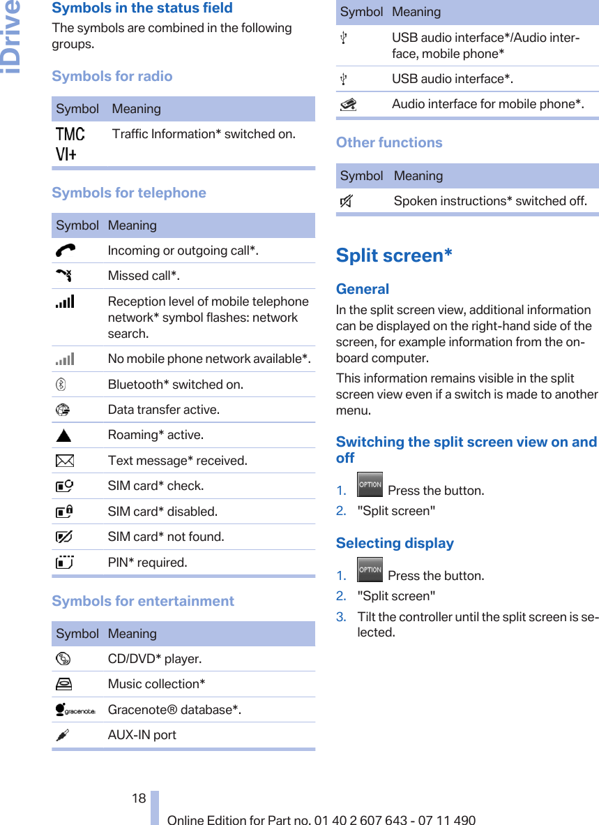 Symbols in the status fieldThe symbols are combined in the followinggroups.Symbols for radioSymbol Meaning  Traffic Information* switched on.Symbols for telephoneSymbol Meaning  Incoming or outgoing call*.  Missed call*.  Reception level of mobile telephonenetwork* symbol flashes: networksearch.  No mobile phone network available*.  Bluetooth* switched on.  Data transfer active.  Roaming* active.  Text message* received.  SIM card* check.  SIM card* disabled.  SIM card* not found.  PIN* required.Symbols for entertainmentSymbol Meaning  CD/DVD* player.  Music collection*  Gracenote® database*.  AUX-IN portSymbol Meaning  USB audio interface*/Audio inter‐face, mobile phone*  USB audio interface*.  Audio interface for mobile phone*.Other functionsSymbol Meaning  Spoken instructions* switched off.Split screen*GeneralIn the split screen view, additional informationcan be displayed on the right-hand side of thescreen, for example information from the on-board computer.This information remains visible in the splitscreen view even if a switch is made to anothermenu.Switching the split screen view on andoff1.   Press the button.2. &quot;Split screen&quot;Selecting display1.   Press the button.2. &quot;Split screen&quot;3. Tilt the controller until the split screen is se‐lected.Seite 1818Online Edition for Part no. 01 40 2 607 643 - 07 11 490iDrive