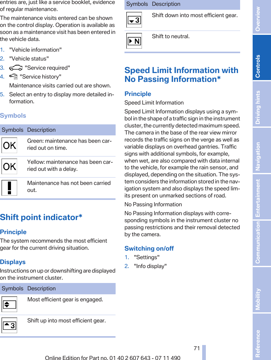 entries are, just like a service booklet, evidenceof regular maintenance.The maintenance visits entered can be shownon the control display. Operation is available assoon as a maintenance visit has been entered inthe vehicle data.1. &quot;Vehicle information&quot;2. &quot;Vehicle status&quot;3.   &quot;Service required&quot;4.   &quot;Service history&quot;Maintenance visits carried out are shown.5. Select an entry to display more detailed in‐formation.SymbolsSymbols DescriptionGreen: maintenance has been car‐ried out on time.Yellow: maintenance has been car‐ried out with a delay.Maintenance has not been carriedout.Shift point indicator*PrincipleThe system recommends the most efficientgear for the current driving situation.DisplaysInstructions on up or downshifting are displayedon the instrument cluster.Symbols DescriptionMost efficient gear is engaged.Shift up into most efficient gear.Symbols DescriptionShift down into most efficient gear.Shift to neutral.Speed Limit Information withNo Passing Information*PrincipleSpeed Limit InformationSpeed Limit Information displays using a sym‐bol in the shape of a traffic sign in the instrumentcluster, the currently detected maximum speed.The camera in the base of the rear view mirrorrecords the traffic signs on the verge as well asvariable displays on overhead gantries. Trafficsigns with additional symbols, for example,when wet, are also compared with data internalto the vehicle, for example the rain sensor, anddisplayed, depending on the situation. The sys‐tem considers the information stored in the nav‐igation system and also displays the speed lim‐its present on unmarked sections of road.No Passing InformationNo Passing Information displays with corre‐sponding symbols in the instrument cluster nopassing restrictions and their removal detectedby the camera.Switching on/off1. &quot;Settings&quot;2. &quot;Info display&quot;Seite 7171Online Edition for Part no. 01 40 2 607 643 - 07 11 490 Reference Mobility Communication Entertainment Navigation Driving hints Controls Overview  