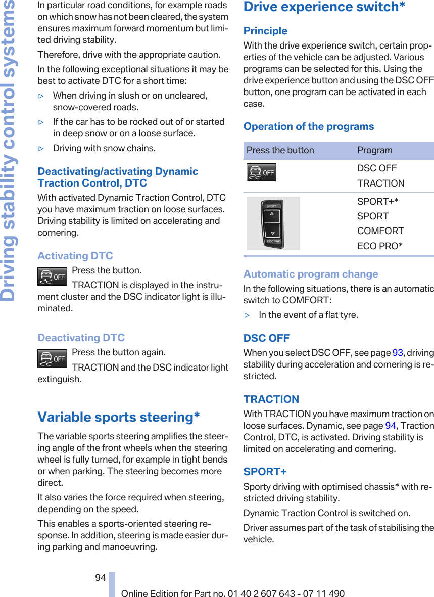 In particular road conditions, for example roadson which snow has not been cleared, the systemensures maximum forward momentum but limi‐ted driving stability.Therefore, drive with the appropriate caution.In the following exceptional situations it may bebest to activate DTC for a short time:▷When driving in slush or on uncleared,snow-covered roads.▷If the car has to be rocked out of or startedin deep snow or on a loose surface.▷Driving with snow chains.Deactivating/activating DynamicTraction Control, DTCWith activated Dynamic Traction Control, DTCyou have maximum traction on loose surfaces.Driving stability is limited on accelerating andcornering.Activating DTCPress the button.TRACTION is displayed in the instru‐ment cluster and the DSC indicator light is illu‐minated.Deactivating DTCPress the button again.TRACTION and the DSC indicator lightextinguish.Variable sports steering*The variable sports steering amplifies the steer‐ing angle of the front wheels when the steeringwheel is fully turned, for example in tight bendsor when parking. The steering becomes moredirect.It also varies the force required when steering,depending on the speed.This enables a sports-oriented steering re‐sponse. In addition, steering is made easier dur‐ing parking and manoeuvring.Drive experience switch*PrincipleWith the drive experience switch, certain prop‐erties of the vehicle can be adjusted. Variousprograms can be selected for this. Using thedrive experience button and using the DSC OFFbutton, one program can be activated in eachcase.Operation of the programsPress the button ProgramDSC OFFTRACTIONSPORT+*SPORTCOMFORTECO PRO*Automatic program changeIn the following situations, there is an automaticswitch to COMFORT:▷In the event of a flat tyre.DSC OFFWhen you select DSC OFF, see page 93, drivingstability during acceleration and cornering is re‐stricted.TRACTIONWith TRACTION you have maximum traction onloose surfaces. Dynamic, see page 94, TractionControl, DTC, is activated. Driving stability islimited on accelerating and cornering.SPORT+Sporty driving with optimised chassis* with re‐stricted driving stability.Dynamic Traction Control is switched on.Driver assumes part of the task of stabilising thevehicle.Seite 9494Online Edition for Part no. 01 40 2 607 643 - 07 11 490Driving stability control systems