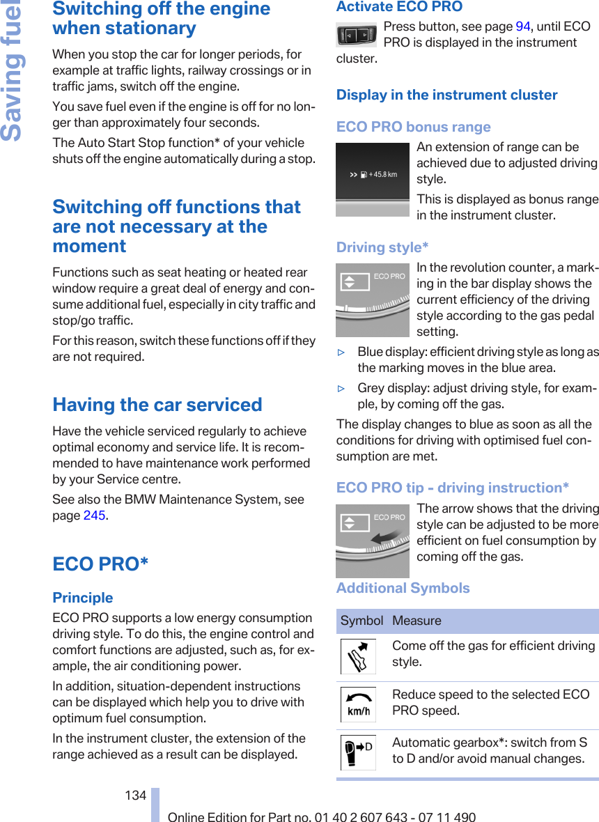 Switching off the enginewhen stationaryWhen you stop the car for longer periods, forexample at traffic lights, railway crossings or intraffic jams, switch off the engine.You save fuel even if the engine is off for no lon‐ger than approximately four seconds.The Auto Start Stop function* of your vehicleshuts off the engine automatically during a stop.Switching off functions thatare not necessary at themomentFunctions such as seat heating or heated rearwindow require a great deal of energy and con‐sume additional fuel, especially in city traffic andstop/go traffic.For this reason, switch these functions off if theyare not required.Having the car servicedHave the vehicle serviced regularly to achieveoptimal economy and service life. It is recom‐mended to have maintenance work performedby your Service centre.See also the BMW Maintenance System, seepage 245.ECO PRO*PrincipleECO PRO supports a low energy consumptiondriving style. To do this, the engine control andcomfort functions are adjusted, such as, for ex‐ample, the air conditioning power.In addition, situation-dependent instructionscan be displayed which help you to drive withoptimum fuel consumption.In the instrument cluster, the extension of therange achieved as a result can be displayed.Activate ECO PROPress button, see page 94, until ECOPRO is displayed in the instrumentcluster.Display in the instrument clusterECO PRO bonus rangeAn extension of range can beachieved due to adjusted drivingstyle.This is displayed as bonus rangein the instrument cluster.Driving style*In the revolution counter, a mark‐ing in the bar display shows thecurrent efficiency of the drivingstyle according to the gas pedalsetting.▷Blue display: efficient driving style as long asthe marking moves in the blue area.▷Grey display: adjust driving style, for exam‐ple, by coming off the gas.The display changes to blue as soon as all theconditions for driving with optimised fuel con‐sumption are met.ECO PRO tip - driving instruction*The arrow shows that the drivingstyle can be adjusted to be moreefficient on fuel consumption bycoming off the gas.Additional SymbolsSymbol MeasureCome off the gas for efficient drivingstyle.Reduce speed to the selected ECOPRO speed.Automatic gearbox*: switch from Sto D and/or avoid manual changes.Seite 134134Online Edition for Part no. 01 40 2 607 643 - 07 11 490Saving fuel