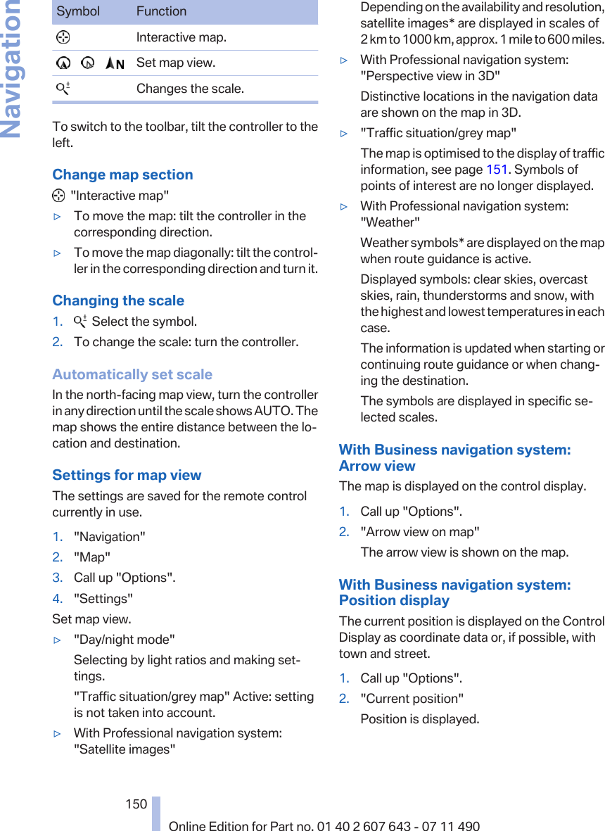 Symbol Function  Interactive map.            Set map view.  Changes the scale.To switch to the toolbar, tilt the controller to theleft.Change map section  &quot;Interactive map&quot;▷To move the map: tilt the controller in thecorresponding direction.▷To move the map diagonally: tilt the control‐ler in the corresponding direction and turn it.Changing the scale1.   Select the symbol.2. To change the scale: turn the controller.Automatically set scaleIn the north-facing map view, turn the controllerin any direction until the scale shows AUTO. Themap shows the entire distance between the lo‐cation and destination.Settings for map viewThe settings are saved for the remote controlcurrently in use.1. &quot;Navigation&quot;2. &quot;Map&quot;3. Call up &quot;Options&quot;.4. &quot;Settings&quot;Set map view.▷&quot;Day/night mode&quot;Selecting by light ratios and making set‐tings.&quot;Traffic situation/grey map&quot; Active: settingis not taken into account.▷With Professional navigation system:&quot;Satellite images&quot;Depending on the availability and resolution,satellite images* are displayed in scales of2 km to 1000 km, approx. 1 mile to 600 miles.▷With Professional navigation system:&quot;Perspective view in 3D&quot;Distinctive locations in the navigation dataare shown on the map in 3D.▷&quot;Traffic situation/grey map&quot;The map is optimised to the display of trafficinformation, see page 151. Symbols ofpoints of interest are no longer displayed.▷With Professional navigation system:&quot;Weather&quot;Weather symbols* are displayed on the mapwhen route guidance is active.Displayed symbols: clear skies, overcastskies, rain, thunderstorms and snow, withthe highest and lowest temperatures in eachcase.The information is updated when starting orcontinuing route guidance or when chang‐ing the destination.The symbols are displayed in specific se‐lected scales.With Business navigation system:Arrow viewThe map is displayed on the control display.1. Call up &quot;Options&quot;.2. &quot;Arrow view on map&quot;The arrow view is shown on the map.With Business navigation system:Position displayThe current position is displayed on the ControlDisplay as coordinate data or, if possible, withtown and street.1. Call up &quot;Options&quot;.2. &quot;Current position&quot;Position is displayed.Seite 150150Online Edition for Part no. 01 40 2 607 643 - 07 11 490Navigation
