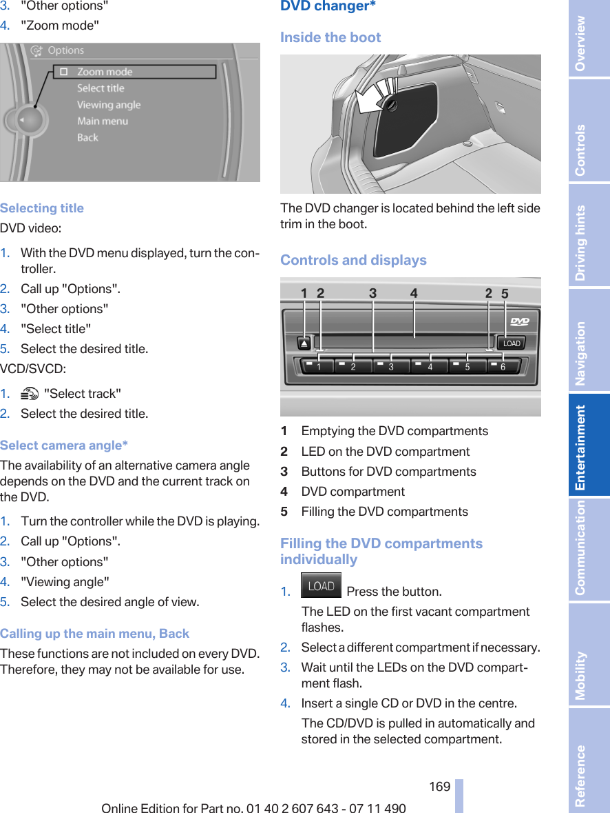 3. &quot;Other options&quot;4. &quot;Zoom mode&quot;Selecting titleDVD video:1. With the DVD menu displayed, turn the con‐troller.2. Call up &quot;Options&quot;.3. &quot;Other options&quot;4. &quot;Select title&quot;5. Select the desired title.VCD/SVCD:1.   &quot;Select track&quot;2. Select the desired title.Select camera angle*The availability of an alternative camera angledepends on the DVD and the current track onthe DVD.1. Turn the controller while the DVD is playing.2. Call up &quot;Options&quot;.3. &quot;Other options&quot;4. &quot;Viewing angle&quot;5. Select the desired angle of view.Calling up the main menu, BackThese functions are not included on every DVD.Therefore, they may not be available for use.DVD changer*Inside the bootThe DVD changer is located behind the left sidetrim in the boot.Controls and displays1Emptying the DVD compartments2LED on the DVD compartment3Buttons for DVD compartments4DVD compartment5Filling the DVD compartmentsFilling the DVD compartmentsindividually1.   Press the button.The LED on the first vacant compartmentflashes.2. Select a different compartment if necessary.3. Wait until the LEDs on the DVD compart‐ment flash.4. Insert a single CD or DVD in the centre.The CD/DVD is pulled in automatically andstored in the selected compartment.Seite 169169Online Edition for Part no. 01 40 2 607 643 - 07 11 490 Reference Mobility Communication Entertainment Navigation Driving hints Controls Overview  