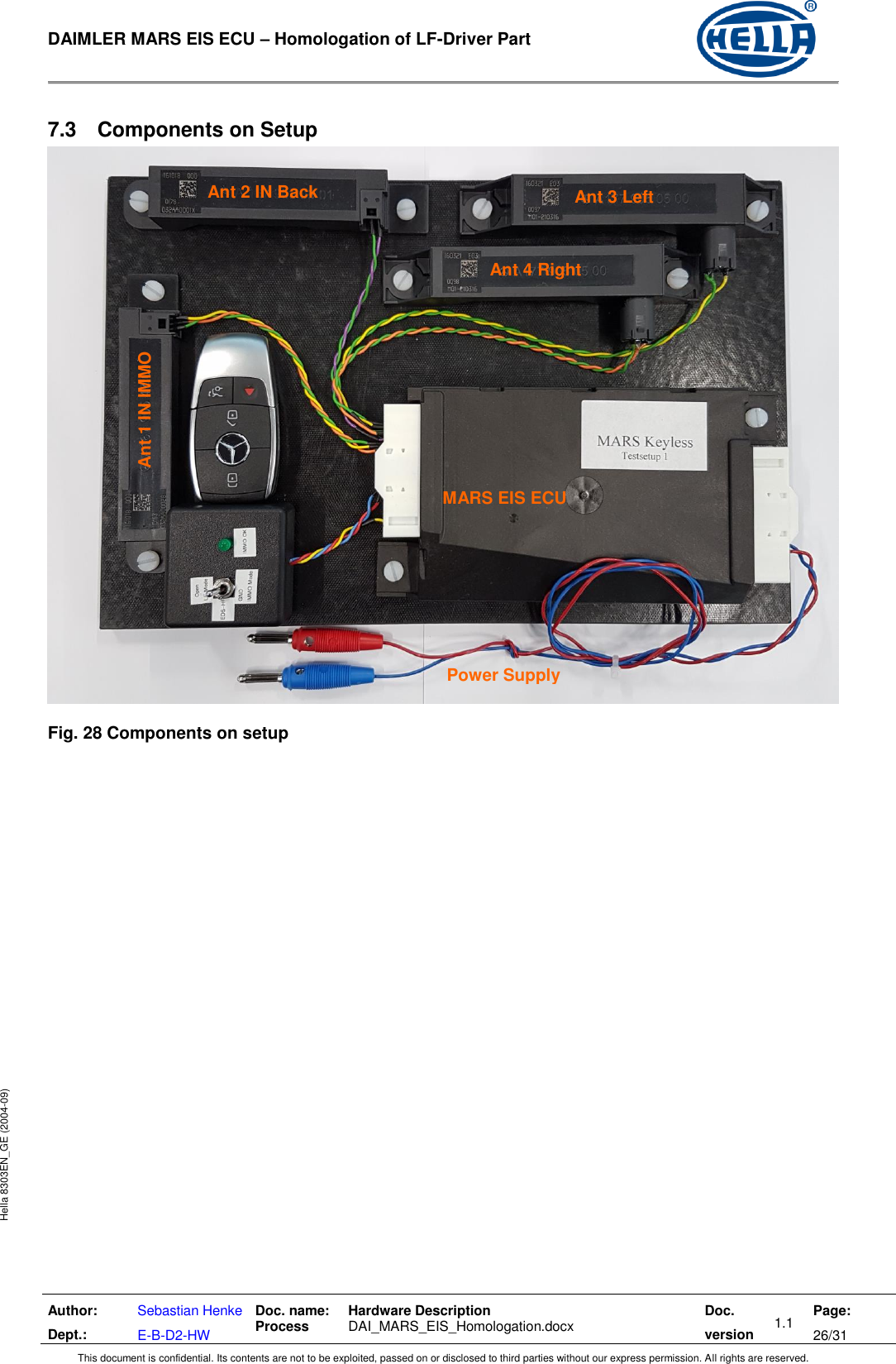  DAIMLER MARS EIS ECU – Homologation of LF-Driver Part   Author: Dept.: Sebastian Henke E-B-D2-HW Doc. name: Process Hardware Description  DAI_MARS_EIS_Homologation.docx Doc. version 1.1 Page: 26/31 This document is confidential. Its contents are not to be exploited, passed on or disclosed to third parties without our express permission. All rights are reserved. Hella 8303EN_GE (2004-09) 7.3  Components on Setup   Fig. 28 Components on setup      Ant 1 IN IMMO MARS EIS ECU Power Supply Ant 2 IN Back Ant 3 Left Ant 4 Right 