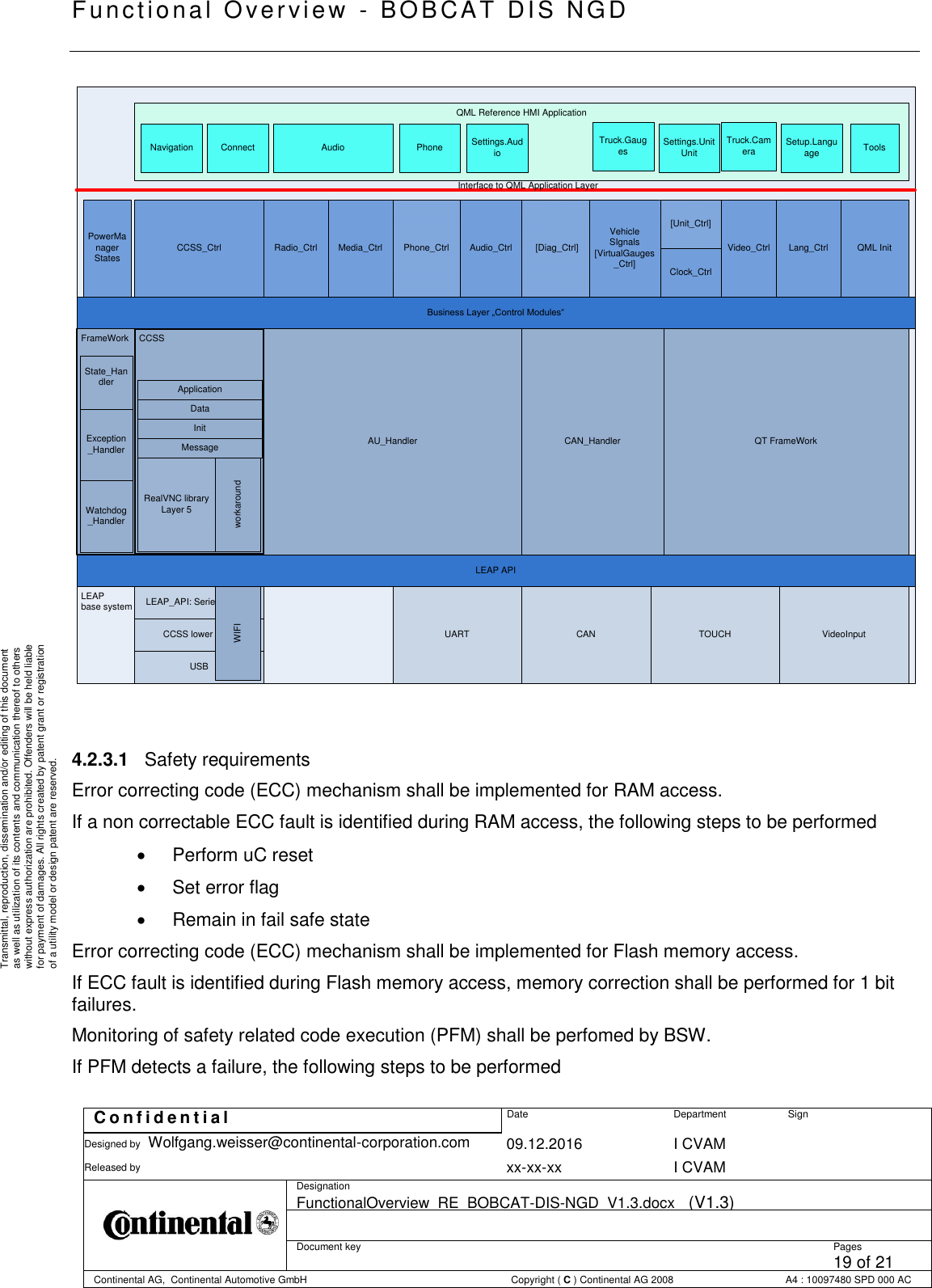   Fu nctional Over vie w  - BOBCAT   DIS NGD   C o n f i d e n t i a l  Date Department Sign Designed by Wolfgang.weisser@continental-corporation.com 09.12.2016 I CVAM  Released by  xx-xx-xx I CVAM  Designation FunctionalOverview_RE_BOBCAT-DIS-NGD_V1.3.docx   (V1.3)      Document key  Pages 19 of 21 Continental AG,  Continental Automotive GmbH  Copyright ( C ) Continental AG 2008 A4 : 10097480 SPD 000 AC  Transmittal, reproduction, dissemination and/or editing of this document as well as utilization of its contents and communication thereof to others without express authorization are prohibited. Offenders will be held liable for payment of damages. All rights created by patent grant or registration of a utility model or design patent are reserved. LEAP base systemCCSS LEAP_API: Seriel interfaceCCSS lower layerUSBVideoInputUARTAU_HandlerTOUCHQT FrameWorkBusiness Layer „Control Modules“CCSS_Ctrl Radio_Ctrl Phone_CtrlQML Reference HMI ApplicationCAN[Diag_Ctrl]CAN_HandlerLEAP APIFrameWorkState_HandlerVehicle SIgnals[VirtualGauges_Ctrl]Video_Ctrl Lang_CtrlMedia_CtrlClock_Ctrl[Unit_Ctrl]Audio_Ctrl QML InitSettings.UnitUnit Setup.LanguageNavigation Connect Audio Phone Settings.AudioTruck.Gauges Truck.Camera ToolsPowerManagerStatesException_HandlerworkaroundRealVNC libraryLayer 5InitMessageDataApplicationWatchdog_HandlerWIFIInterface to QML Application Layer    4.2.3.1  Safety requirements Error correcting code (ECC) mechanism shall be implemented for RAM access. If a non correctable ECC fault is identified during RAM access, the following steps to be performed    Perform uC reset    Set error flag    Remain in fail safe state Error correcting code (ECC) mechanism shall be implemented for Flash memory access. If ECC fault is identified during Flash memory access, memory correction shall be performed for 1 bit failures. Monitoring of safety related code execution (PFM) shall be perfomed by BSW.  If PFM detects a failure, the following steps to be performed 