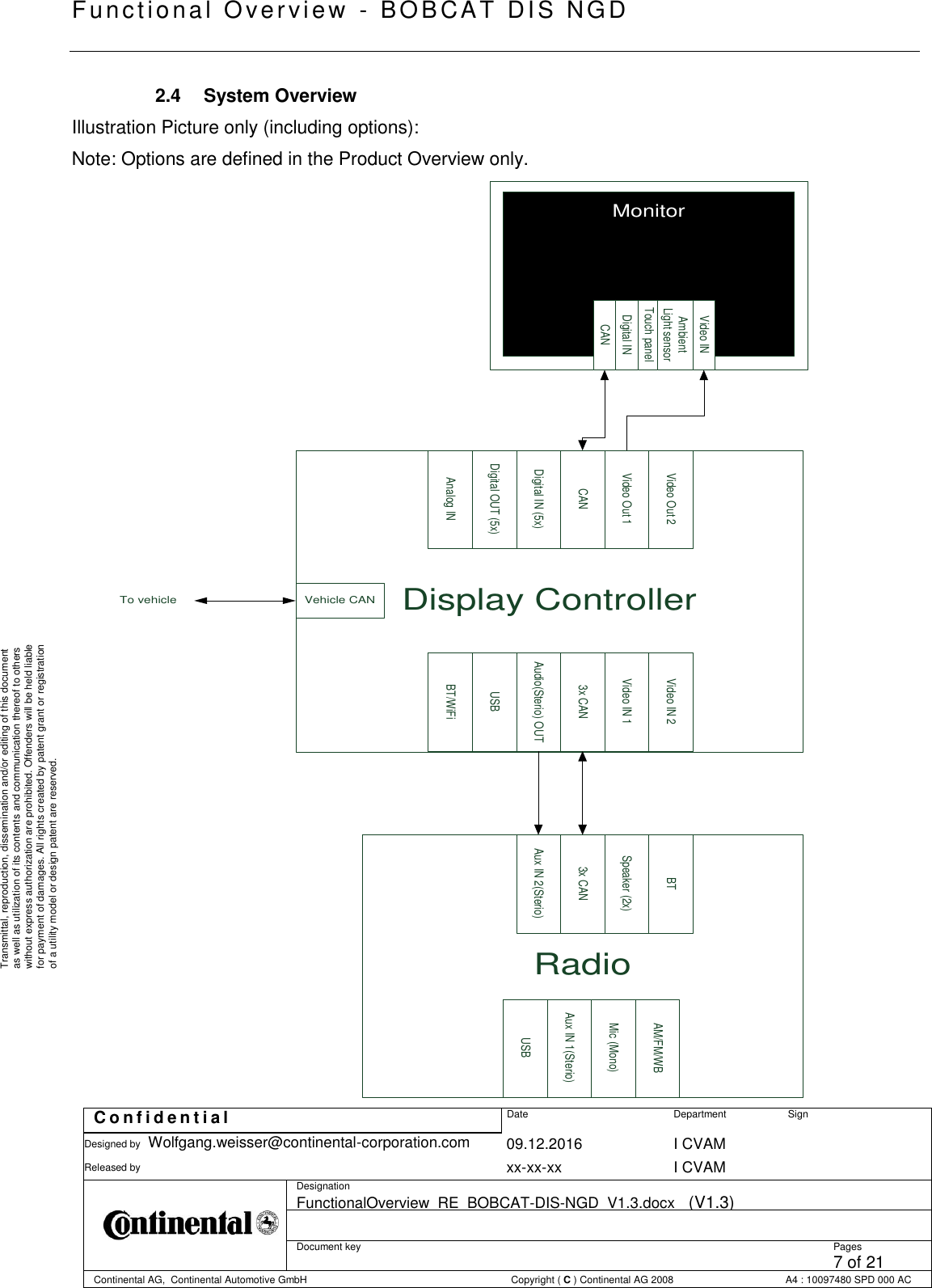   Fu nctional Over vie w  - BOBCAT   DIS NGD   C o n f i d e n t i a l  Date Department Sign Designed by Wolfgang.weisser@continental-corporation.com 09.12.2016 I CVAM  Released by  xx-xx-xx I CVAM  Designation FunctionalOverview_RE_BOBCAT-DIS-NGD_V1.3.docx   (V1.3)      Document key  Pages 7 of 21 Continental AG,  Continental Automotive GmbH  Copyright ( C ) Continental AG 2008 A4 : 10097480 SPD 000 AC  Transmittal, reproduction, dissemination and/or editing of this document as well as utilization of its contents and communication thereof to others without express authorization are prohibited. Offenders will be held liable for payment of damages. All rights created by patent grant or registration of a utility model or design patent are reserved. 2.4  System Overview Illustration Picture only (including options): Note: Options are defined in the Product Overview only.            MonitorDigital INTouch panelAmbient Light sensorCANVideo INTo vehicle Display ControllerVideo Out 2Video Out 1CANDigital IN (5x)Digital OUT (5x)Analog INVehicle CANVideo IN 1Video IN 23x CANAudio(Sterio) OUTUSBBT/WiFiRadioAM/FM/WBMic (Mono)Aux IN 1(Sterio)Aux IN 2(Sterio)3x CANUSBSpeaker (2x)BT