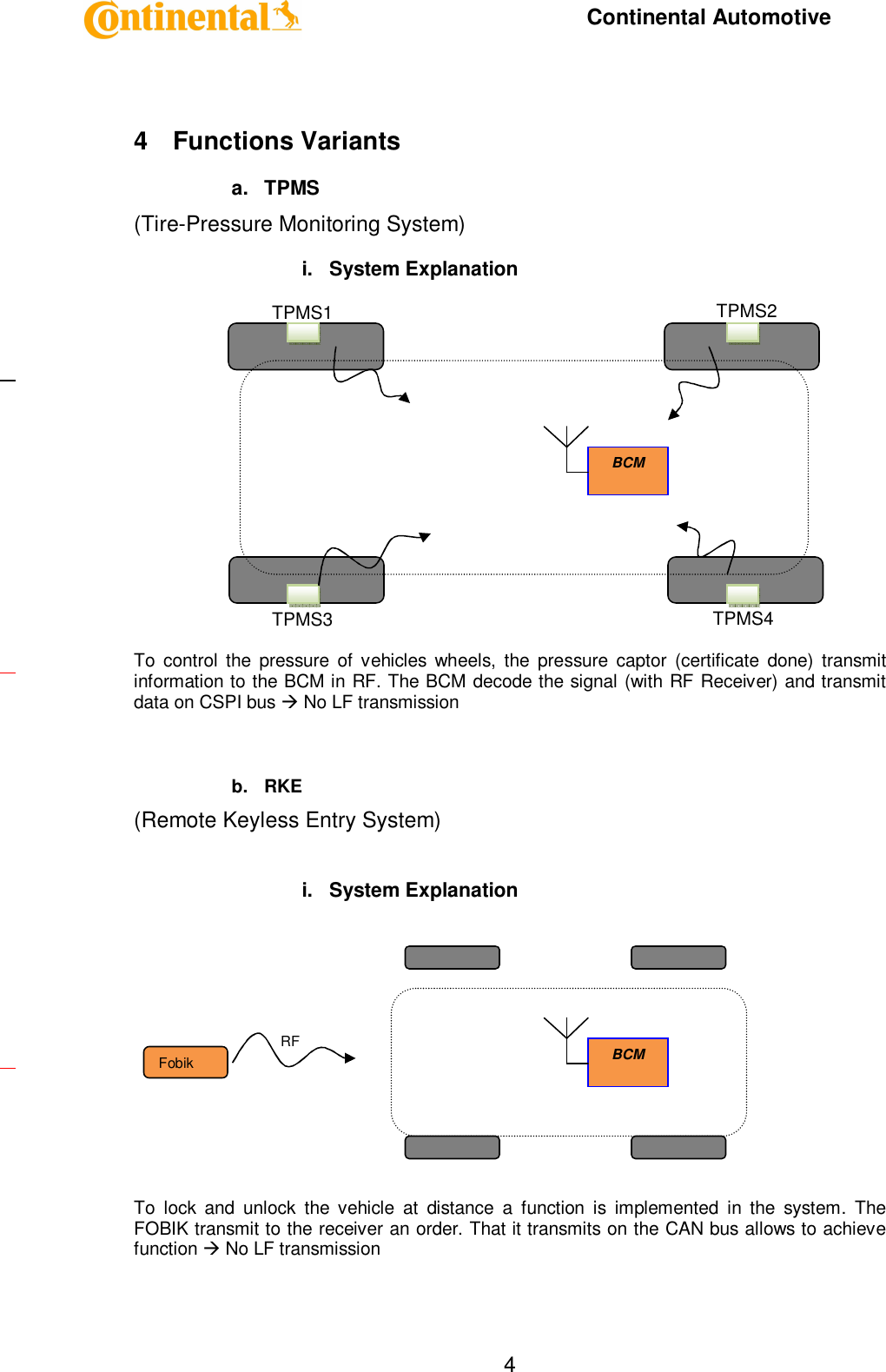     Continental Automotive    4 4  Functions Variants a.  TPMS (Tire-Pressure Monitoring System) i.  System Explanation             To  control the  pressure  of  vehicles wheels,  the pressure  captor  (certificate  done)  transmit information to the BCM in RF. The BCM decode the signal (with RF Receiver) and transmit data on CSPI bus  No LF transmission   b.  RKE (Remote Keyless Entry System)  i.  System Explanation        To  lock  and  unlock  the  vehicle  at  distance  a  function  is  implemented  in  the  system.  The FOBIK transmit to the receiver an order. That it transmits on the CAN bus allows to achieve function  No LF transmission    BCM TPMS1  TPMS2 TPMS3 BCM Fobik RF  TPMS4 