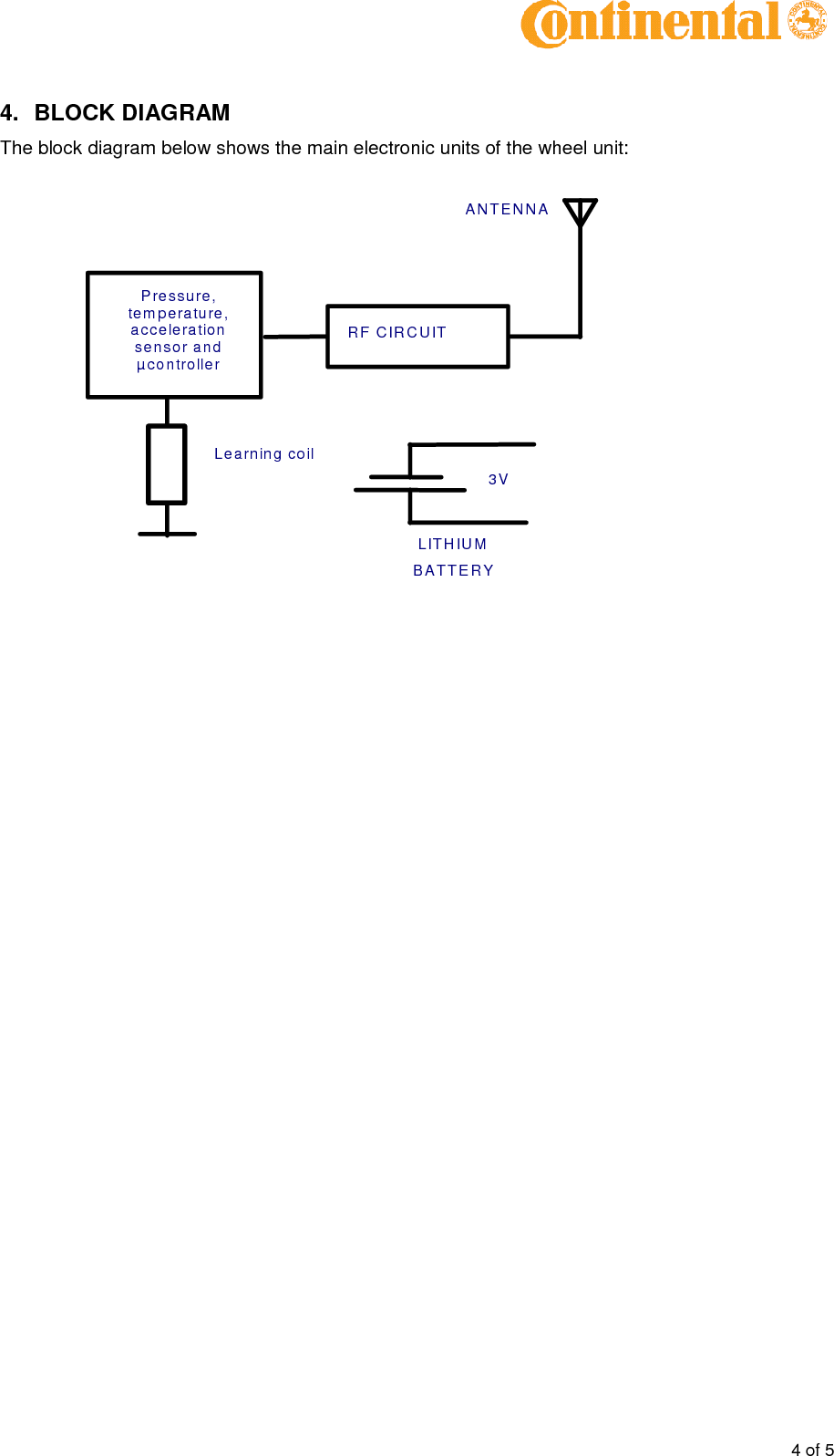 4of54.BLOCK DIAGRAMThe block diagram below shows the main electronic units of the wheel unit:3VLITHIUMBATTE RYLearning coilRF CIRC UITANTEN NAPressure,tem peratu re ,accelerationsensor andµcontroller