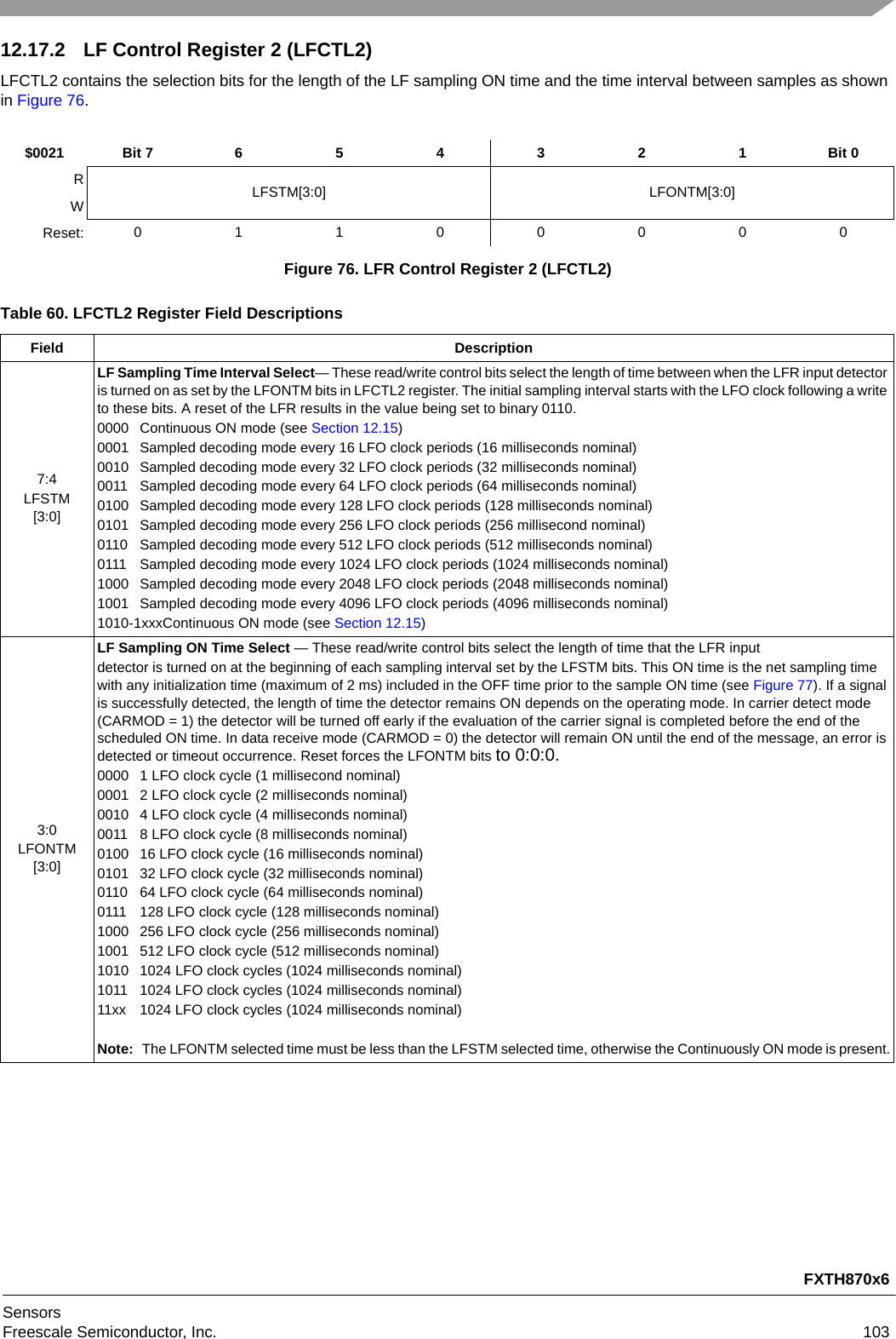 FXTH870x6SensorsFreescale Semiconductor, Inc. 10312.17.2 LF Control Register 2 (LFCTL2)LFCTL2 contains the selection bits for the length of the LF sampling ON time and the time interval between samples as shown in Figure 76.$0021 Bit 7 6 5 4 3 2 1 Bit 0RLFSTM[3:0] LFONTM[3:0]WReset: 01100000Figure 76. LFR Control Register 2 (LFCTL2)Table 60. LFCTL2 Register Field DescriptionsField Description7:4LFSTM[3:0]LF Sampling Time Interval Select— These read/write control bits select the length of time between when the LFR input detector is turned on as set by the LFONTM bits in LFCTL2 register. The initial sampling interval starts with the LFO clock following a write to these bits. A reset of the LFR results in the value being set to binary 0110.0000 Continuous ON mode (see Section 12.15)0001 Sampled decoding mode every 16 LFO clock periods (16 milliseconds nominal)0010 Sampled decoding mode every 32 LFO clock periods (32 milliseconds nominal)0011 Sampled decoding mode every 64 LFO clock periods (64 milliseconds nominal)0100 Sampled decoding mode every 128 LFO clock periods (128 milliseconds nominal)0101 Sampled decoding mode every 256 LFO clock periods (256 millisecond nominal)0110 Sampled decoding mode every 512 LFO clock periods (512 milliseconds nominal)0111 Sampled decoding mode every 1024 LFO clock periods (1024 milliseconds nominal)1000 Sampled decoding mode every 2048 LFO clock periods (2048 milliseconds nominal)1001 Sampled decoding mode every 4096 LFO clock periods (4096 milliseconds nominal)1010-1xxxContinuous ON mode (see Section 12.15)3:0LFONTM[3:0]LF Sampling ON Time Select — These read/write control bits select the length of time that the LFR inputdetector is turned on at the beginning of each sampling interval set by the LFSTM bits. This ON time is the net sampling time with any initialization time (maximum of 2 ms) included in the OFF time prior to the sample ON time (see Figure 77). If a signal is successfully detected, the length of time the detector remains ON depends on the operating mode. In carrier detect mode (CARMOD = 1) the detector will be turned off early if the evaluation of the carrier signal is completed before the end of the scheduled ON time. In data receive mode (CARMOD = 0) the detector will remain ON until the end of the message, an error is detected or timeout occurrence. Reset forces the LFONTM bits to 0:0:0.0000 1 LFO clock cycle (1 millisecond nominal)0001 2 LFO clock cycle (2 milliseconds nominal)0010 4 LFO clock cycle (4 milliseconds nominal)0011 8 LFO clock cycle (8 milliseconds nominal)0100 16 LFO clock cycle (16 milliseconds nominal)0101 32 LFO clock cycle (32 milliseconds nominal)0110 64 LFO clock cycle (64 milliseconds nominal)0111 128 LFO clock cycle (128 milliseconds nominal)1000 256 LFO clock cycle (256 milliseconds nominal)1001 512 LFO clock cycle (512 milliseconds nominal)1010 1024 LFO clock cycles (1024 milliseconds nominal)1011 1024 LFO clock cycles (1024 milliseconds nominal)11xx 1024 LFO clock cycles (1024 milliseconds nominal)Note: The LFONTM selected time must be less than the LFSTM selected time, otherwise the Continuously ON mode is present.