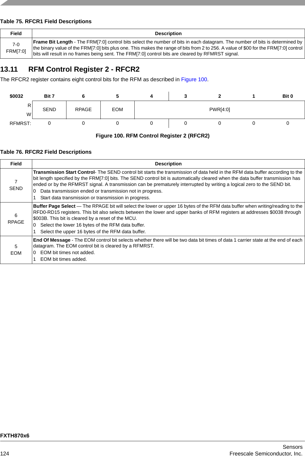 FXTH870x6Sensors124 Freescale Semiconductor, Inc.13.11 RFM Control Register 2 - RFCR2The RFCR2 register contains eight control bits for the RFM as described in Figure 100.Table 75. RFCR1 Field DescriptionsField Description7-0FRM[7:0]Frame Bit Length - The FRM[7:0] control bits select the number of bits in each datagram. The number of bits is determined by the binary value of the FRM[7:0] bits plus one. This makes the range of bits from 2 to 256. A value of $00 for the FRM[7:0] control bits will result in no frames being sent. The FRM[7:0] control bits are cleared by RFMRST signal.$0032 Bit 7 654321Bit 0RSEND RPAGE EOM PWR[4:0]WRFMRST: 00000000Figure 100. RFM Control Register 2 (RFCR2)Table 76. RFCR2 Field DescriptionsField Description7SENDTransmission Start Control- The SEND control bit starts the transmission of data held in the RFM data buffer according to the bit length specified by the FRM[7:0] bits. The SEND control bit is automatically cleared when the data buffer transmission has ended or by the RFMRST signal. A transmission can be prematurely interrupted by writing a logical zero to the SEND bit.0 Data transmission ended or transmission not in progress.1 Start data transmission or transmission in progress.6RPAGEBuffer Page Select — The RPAGE bit will select the lower or upper 16 bytes of the RFM data buffer when writing/reading to the RFD0-RD15 registers. This bit also selects between the lower and upper banks of RFM registers at addresses $0038 through $003B. This bit is cleared by a reset of the MCU.0 Select the lower 16 bytes of the RFM data buffer.1 Select the upper 16 bytes of the RFM data buffer.5EOMEnd Of Message - The EOM control bit selects whether there will be two data bit times of data 1 carrier state at the end of each datagram. The EOM control bit is cleared by a RFMRST.0 EOM bit times not added.1 EOM bit times added.