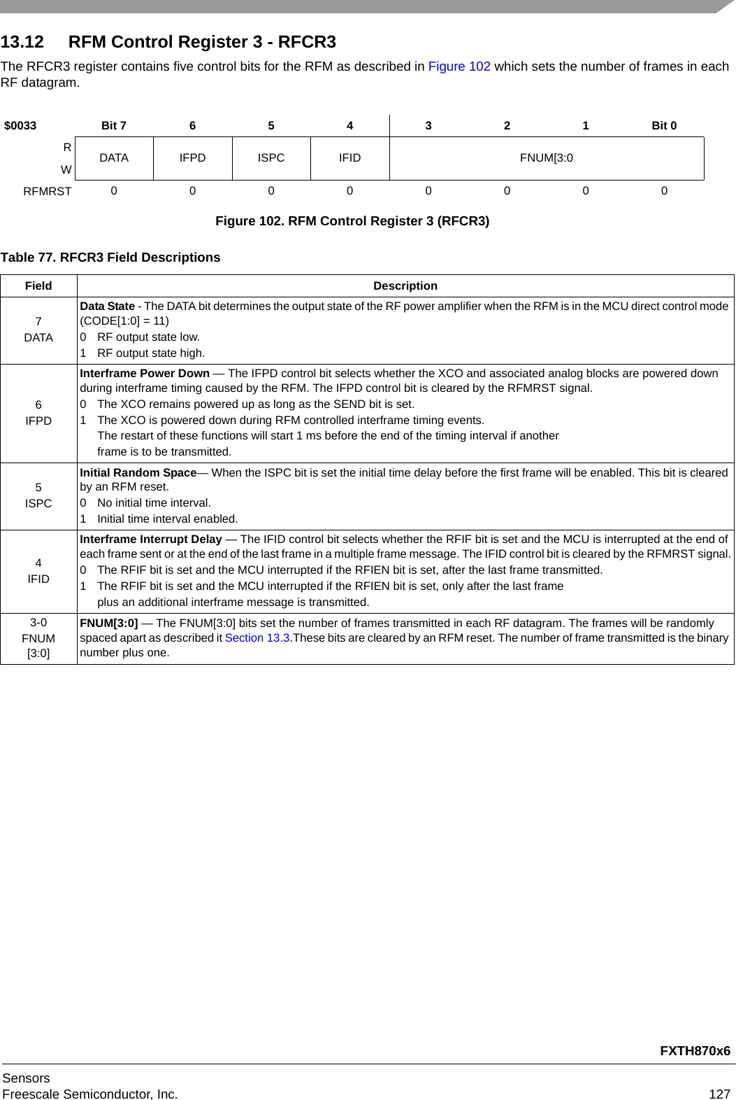 FXTH870x6SensorsFreescale Semiconductor, Inc. 12713.12 RFM Control Register 3 - RFCR3The RFCR3 register contains five control bits for the RFM as described in Figure 102 which sets the number of frames in each RF datagram.$0033 Bit 7 654321Bit 0RDATA IFPD ISPC IFID FNUM[3:0WRFMRST 00000000Figure 102. RFM Control Register 3 (RFCR3)Table 77. RFCR3 Field DescriptionsField Description7DATAData State - The DATA bit determines the output state of the RF power amplifier when the RFM is in the MCU direct control mode (CODE[1:0] = 11)0 RF output state low.1 RF output state high.6IFPDInterframe Power Down — The IFPD control bit selects whether the XCO and associated analog blocks are powered down during interframe timing caused by the RFM. The IFPD control bit is cleared by the RFMRST signal.0 The XCO remains powered up as long as the SEND bit is set.1 The XCO is powered down during RFM controlled interframe timing events. The restart of these functions will start 1 ms before the end of the timing interval if anotherframe is to be transmitted.5ISPCInitial Random Space— When the ISPC bit is set the initial time delay before the first frame will be enabled. This bit is cleared by an RFM reset.0 No initial time interval.1 Initial time interval enabled.4IFIDInterframe Interrupt Delay — The IFID control bit selects whether the RFIF bit is set and the MCU is interrupted at the end of each frame sent or at the end of the last frame in a multiple frame message. The IFID control bit is cleared by the RFMRST signal.0 The RFIF bit is set and the MCU interrupted if the RFIEN bit is set, after the last frame transmitted.1 The RFIF bit is set and the MCU interrupted if the RFIEN bit is set, only after the last frameplus an additional interframe message is transmitted.3-0FNUM[3:0]FNUM[3:0] — The FNUM[3:0] bits set the number of frames transmitted in each RF datagram. The frames will be randomly spaced apart as described it Section 13.3.These bits are cleared by an RFM reset. The number of frame transmitted is the binary number plus one.