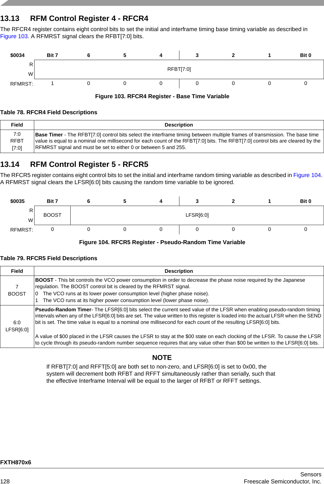 FXTH870x6Sensors128 Freescale Semiconductor, Inc.13.13 RFM Control Register 4 - RFCR4The RFCR4 register contains eight control bits to set the initial and interframe timing base timing variable as described in Figure 103. A RFMRST signal clears the RFBT[7:0] bits.13.14 RFM Control Register 5 - RFCR5The RFCR5 register contains eight control bits to set the initial and interframe random timing variable as described in Figure 104. A RFMRST signal clears the LFSR[6:0] bits causing the random time variable to be ignored.NOTEIf RFBT[7:0] and RFFT[5:0] are both set to non-zero, and LFSR[6:0] is set to 0x00, the system will decrement both RFBT and RFFT simultaneously rather than serially, such that the effective Interframe Interval will be equal to the larger of RFBT or RFFT settings.$0034 Bit 7 654321Bit 0RRFBT[7:0]WRFMRST: 10000000Figure 103. RFCR4 Register - Base Time VariableTable 78. RFCR4 Field DescriptionsField Description7:0RFBT[7:0]Base Timer - The RFBT[7:0] control bits select the interframe timing between multiple frames of transmission. The base time value is equal to a nominal one millisecond for each count of the RFBT[7:0] bits. The RFBT[7:0] control bits are cleared by the RFMRST signal and must be set to either 0 or between 5 and 255.$0035 Bit 7 654321Bit 0RBOOST LFSR[6:0]WRFMRST: 00000000Figure 104. RFCR5 Register - Pseudo-Random Time VariableTable 79. RFCR5 Field DescriptionsField Description7BOOSTBOOST - This bit controls the VCO power consumption in order to decrease the phase noise required by the Japanese regulation. The BOOST control bit is cleared by the RFMRST signal.0 The VCO runs at its lower power consumption level (higher phase noise).1 The VCO runs at its higher power consumption level (lower phase noise).6:0LFSR[6:0]Pseudo-Random Timer- The LFSR[6:0] bits select the current seed value of the LFSR when enabling pseudo-random timing intervals when any of the LFSR[6:0] bits are set. The value written to this register is loaded into the actual LFSR when the SEND bit is set. The time value is equal to a nominal one millisecond for each count of the resulting LFSR[6:0] bits.A value of $00 placed in the LFSR causes the LFSR to stay at the $00 state on each clocking of the LFSR. To cause the LFSR to cycle through its pseudo-random number sequence requires that any value other than $00 be written to the LFSR[6:0] bits.