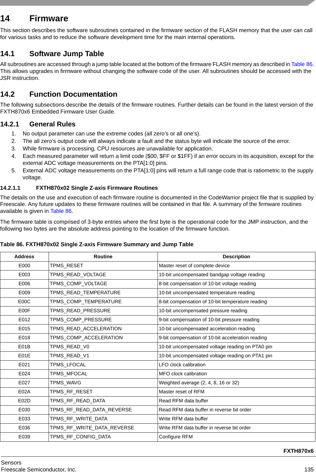 FXTH870x6SensorsFreescale Semiconductor, Inc. 13514 FirmwareThis section describes the software subroutines contained in the firmware section of the FLASH memory that the user can call for various tasks and to reduce the software development time for the main internal operations.14.1 Software Jump TableAll subroutines are accessed through a jump table located at the bottom of the firmware FLASH memory as described in Table 86. This allows upgrades in firmware without changing the software code of the user. All subroutines should be accessed with the JSR instruction.14.2 Function DocumentationThe following subsections describe the details of the firmware routines. Further details can be found in the latest version of the FXTH870x6 Embedded Firmware User Guide.14.2.1 General Rules1. No output parameter can use the extreme codes (all zero’s or all one’s).2. The all zero’s output code will always indicate a fault and the status byte will indicate the source of the error.3. While firmware is processing, CPU resources are unavailable for application.4. Each measured parameter will return a limit code ($00, $FF or $1FF) if an error occurs in its acquisition, except for the external ADC voltage measurements on the PTA[1:0] pins.5. External ADC voltage measurements on the PTA[1:0] pins will return a full range code that is ratiometric to the supply voltage.14.2.1.1 FXTH870x02 Single Z-axis Firmware RoutinesThe details on the use and execution of each firmware routine is documented in the CodeWarrior project file that is supplied by Freescale. Any future updates to these firmware routines will be contained in that file. A summary of the firmware routines available is given in Table 86.The firmware table is comprised of 3-byte entries where the first byte is the operational code for the JMP instruction, and the following two bytes are the absolute address pointing to the location of the firmware function.Table 86. FXTH870x02 Single Z-axis Firmware Summary and Jump TableAddress Routine DescriptionE000 TPMS_RESET Master reset of complete deviceE003 TPMS_READ_VOLTAGE 10-bit uncompensated bandgap voltage readingE006 TPMS_COMP_VOLTAGE 8-bit compensation of 10-bit voltage readingE009 TPMS_READ_TEMPERATURE 10-bit uncompensated temperature readingE00C TPMS_COMP_TEMPERATURE 8-bit compensation of 10-bit temperature readingE00F TPMS_READ_PRESSURE 10-bit uncompensated pressure readingE012 TPMS_COMP_PRESSURE 9-bit compensation of 10-bit pressure readingE015 TPMS_READ_ACCELERATION 10-bit uncompensated acceleration readingE018 TPMS_COMP_ACCELERATION  9-bit compensation of 10-bit acceleration readingE01B TPMS_READ_V0  10-bit uncompensated voltage reading on PTA0 pinE01E TPMS_READ_V1  10-bit uncompensated voltage reading on PTA1 pinE021 TPMS_LFOCAL LFO clock calibrationE024 TPMS_MFOCAL  MFO clock calibrationE027 TPMS_WAVG  Weighted average (2, 4, 8, 16 or 32)E02A TPMS_RF_RESET  Master reset of RFME02D TPMS_RF_READ_DATA  Read RFM data bufferE030 TPMS_RF_READ_DATA_REVERSE Read RFM data buffer in reverse bit orderE033 TPMS_RF_WRITE_DATA  Write RFM data bufferE036 TPMS_RF_WRITE_DATA_REVERSE Write RFM data buffer in reverse bit orderE039 TPMS_RF_CONFIG_DATA Configure RFM