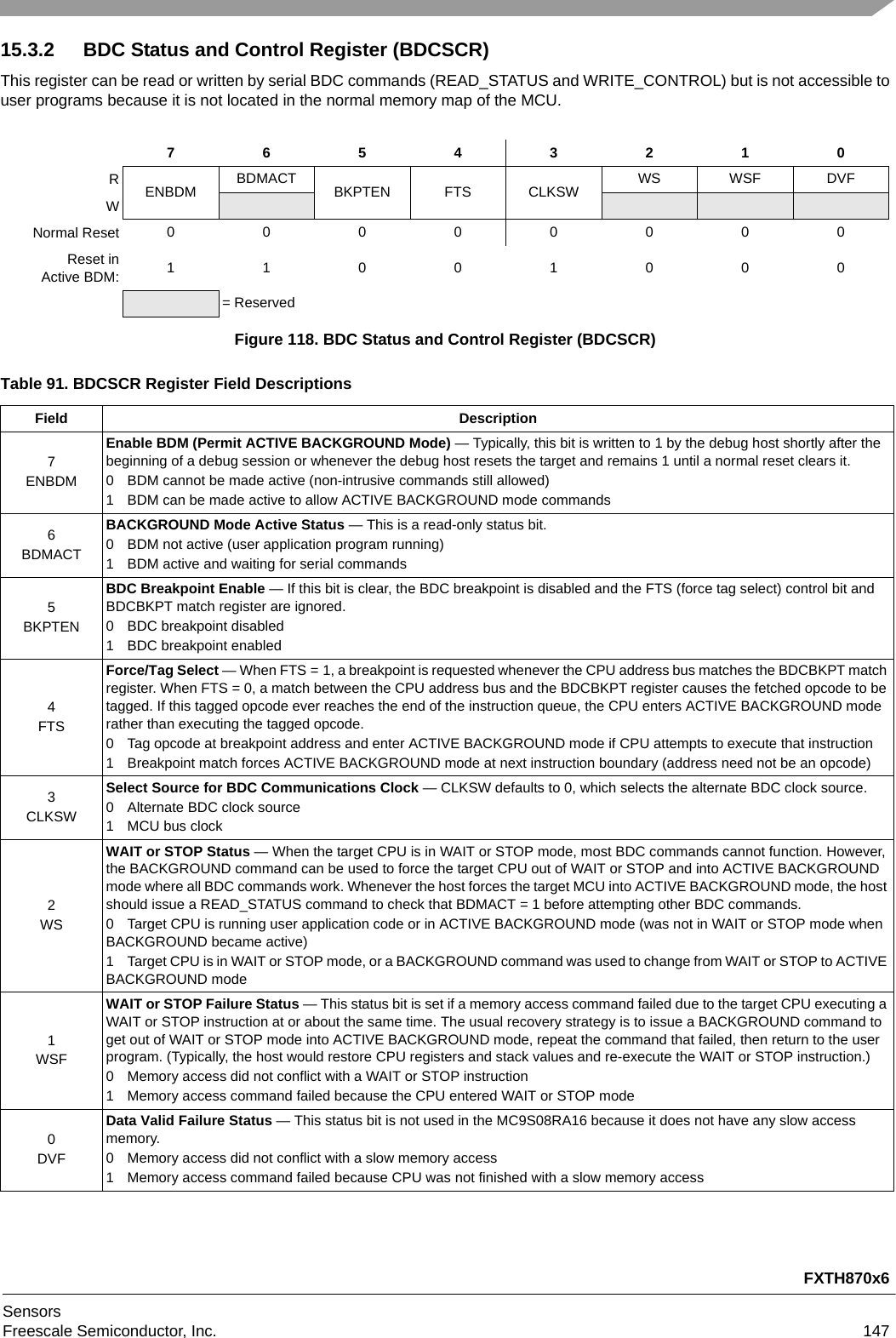 FXTH870x6SensorsFreescale Semiconductor, Inc. 14715.3.2 BDC Status and Control Register (BDCSCR)This register can be read or written by serial BDC commands (READ_STATUS and WRITE_CONTROL) but is not accessible to user programs because it is not located in the normal memory map of the MCU. 76543210RENBDM BDMACT BKPTEN FTS CLKSW WS WSF DVFWNormal Reset 00000000Reset inActive BDM: 11001000= ReservedFigure 118. BDC Status and Control Register (BDCSCR)Table 91. BDCSCR Register Field DescriptionsField Description7ENBDMEnable BDM (Permit ACTIVE BACKGROUND Mode) — Typically, this bit is written to 1 by the debug host shortly after the beginning of a debug session or whenever the debug host resets the target and remains 1 until a normal reset clears it.0 BDM cannot be made active (non-intrusive commands still allowed)1 BDM can be made active to allow ACTIVE BACKGROUND mode commands6BDMACTBACKGROUND Mode Active Status — This is a read-only status bit.0 BDM not active (user application program running)1 BDM active and waiting for serial commands5BKPTENBDC Breakpoint Enable — If this bit is clear, the BDC breakpoint is disabled and the FTS (force tag select) control bit and BDCBKPT match register are ignored.0 BDC breakpoint disabled1 BDC breakpoint enabled4FTSForce/Tag Select — When FTS = 1, a breakpoint is requested whenever the CPU address bus matches the BDCBKPT match register. When FTS = 0, a match between the CPU address bus and the BDCBKPT register causes the fetched opcode to be tagged. If this tagged opcode ever reaches the end of the instruction queue, the CPU enters ACTIVE BACKGROUND mode rather than executing the tagged opcode.0 Tag opcode at breakpoint address and enter ACTIVE BACKGROUND mode if CPU attempts to execute that instruction1 Breakpoint match forces ACTIVE BACKGROUND mode at next instruction boundary (address need not be an opcode)3CLKSWSelect Source for BDC Communications Clock — CLKSW defaults to 0, which selects the alternate BDC clock source.0 Alternate BDC clock source1 MCU bus clock2WSWAIT or STOP Status — When the target CPU is in WAIT or STOP mode, most BDC commands cannot function. However, the BACKGROUND command can be used to force the target CPU out of WAIT or STOP and into ACTIVE BACKGROUND mode where all BDC commands work. Whenever the host forces the target MCU into ACTIVE BACKGROUND mode, the host should issue a READ_STATUS command to check that BDMACT = 1 before attempting other BDC commands.0 Target CPU is running user application code or in ACTIVE BACKGROUND mode (was not in WAIT or STOP mode when BACKGROUND became active)1 Target CPU is in WAIT or STOP mode, or a BACKGROUND command was used to change from WAIT or STOP to ACTIVE BACKGROUND mode1WSFWAIT or STOP Failure Status — This status bit is set if a memory access command failed due to the target CPU executing a WAIT or STOP instruction at or about the same time. The usual recovery strategy is to issue a BACKGROUND command to get out of WAIT or STOP mode into ACTIVE BACKGROUND mode, repeat the command that failed, then return to the user program. (Typically, the host would restore CPU registers and stack values and re-execute the WAIT or STOP instruction.)0 Memory access did not conflict with a WAIT or STOP instruction1 Memory access command failed because the CPU entered WAIT or STOP mode0DVFData Valid Failure Status — This status bit is not used in the MC9S08RA16 because it does not have any slow access memory.0 Memory access did not conflict with a slow memory access1 Memory access command failed because CPU was not finished with a slow memory access