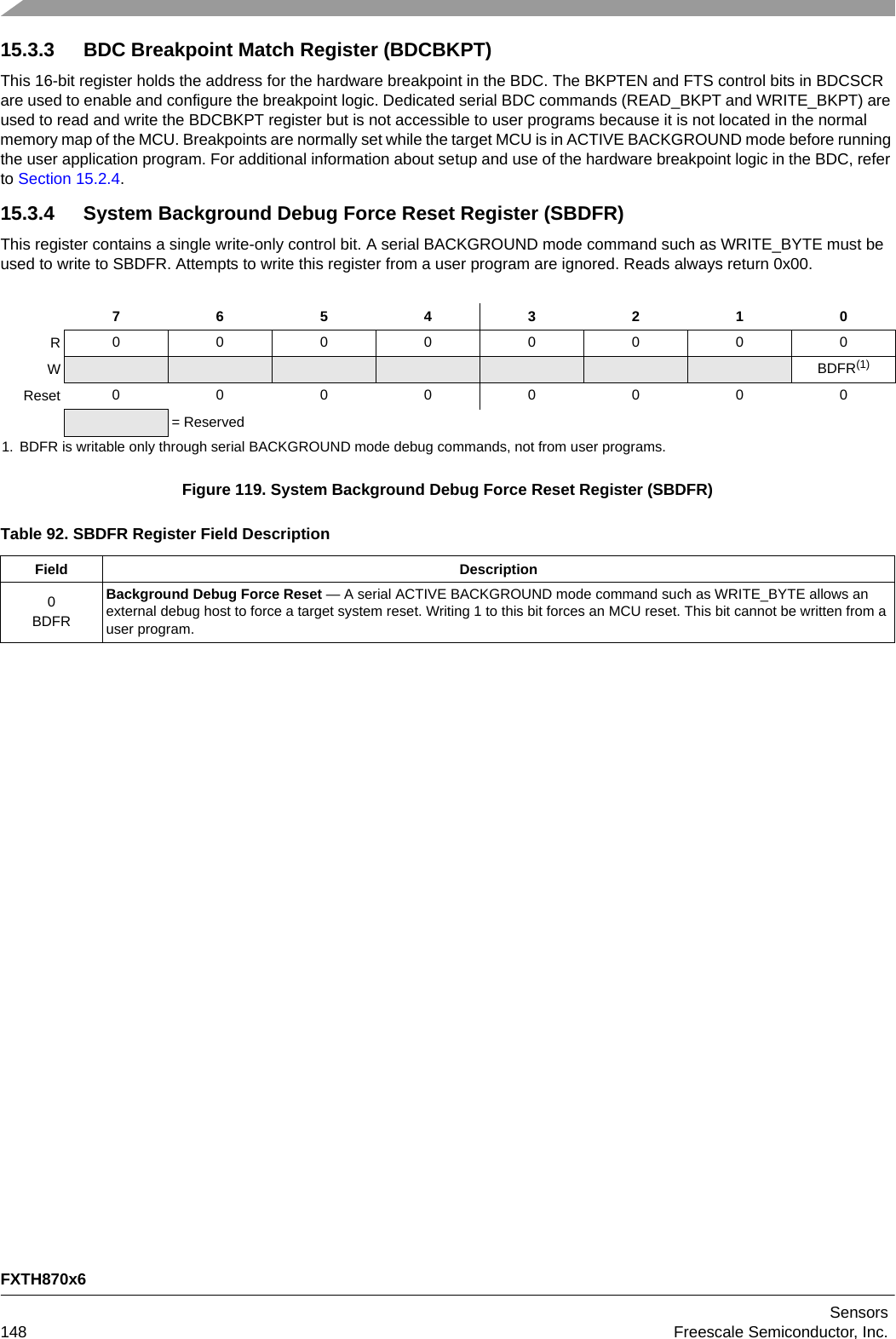 FXTH870x6Sensors148 Freescale Semiconductor, Inc.15.3.3 BDC Breakpoint Match Register (BDCBKPT)This 16-bit register holds the address for the hardware breakpoint in the BDC. The BKPTEN and FTS control bits in BDCSCR are used to enable and configure the breakpoint logic. Dedicated serial BDC commands (READ_BKPT and WRITE_BKPT) are used to read and write the BDCBKPT register but is not accessible to user programs because it is not located in the normal memory map of the MCU. Breakpoints are normally set while the target MCU is in ACTIVE BACKGROUND mode before running the user application program. For additional information about setup and use of the hardware breakpoint logic in the BDC, refer to Section 15.2.4.15.3.4 System Background Debug Force Reset Register (SBDFR) This register contains a single write-only control bit. A serial BACKGROUND mode command such as WRITE_BYTE must be used to write to SBDFR. Attempts to write this register from a user program are ignored. Reads always return 0x00.Figure 119. System Background Debug Force Reset Register (SBDFR)76543210R00000000WBDFR(1)1. BDFR is writable only through serial BACKGROUND mode debug commands, not from user programs.Reset 00000000= ReservedTable 92. SBDFR Register Field DescriptionField Description0BDFRBackground Debug Force Reset — A serial ACTIVE BACKGROUND mode command such as WRITE_BYTE allows an external debug host to force a target system reset. Writing 1 to this bit forces an MCU reset. This bit cannot be written from a user program.