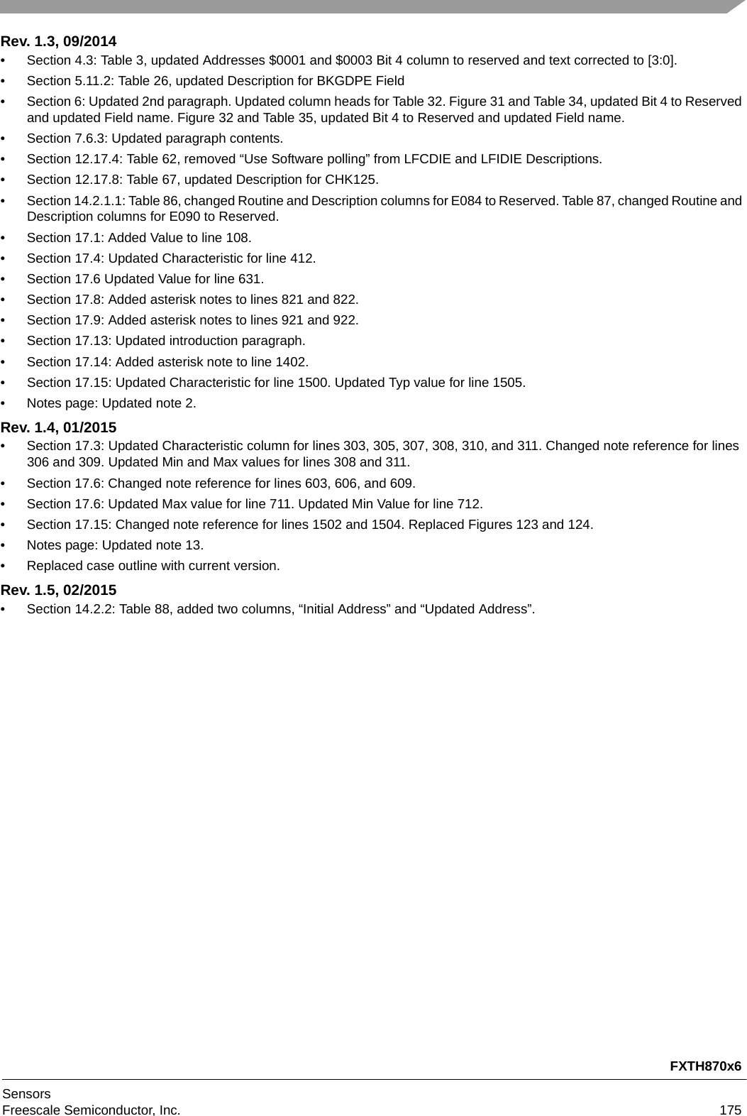 FXTH870x6SensorsFreescale Semiconductor, Inc. 175Rev. 1.3, 09/2014• Section 4.3: Table 3, updated Addresses $0001 and $0003 Bit 4 column to reserved and text corrected to [3:0].• Section 5.11.2: Table 26, updated Description for BKGDPE Field• Section 6: Updated 2nd paragraph. Updated column heads for Table 32. Figure 31 and Table 34, updated Bit 4 to Reserved and updated Field name. Figure 32 and Table 35, updated Bit 4 to Reserved and updated Field name.• Section 7.6.3: Updated paragraph contents.• Section 12.17.4: Table 62, removed “Use Software polling” from LFCDIE and LFIDIE Descriptions.• Section 12.17.8: Table 67, updated Description for CHK125.• Section 14.2.1.1: Table 86, changed Routine and Description columns for E084 to Reserved. Table 87, changed Routine and Description columns for E090 to Reserved.• Section 17.1: Added Value to line 108.• Section 17.4: Updated Characteristic for line 412.• Section 17.6 Updated Value for line 631.• Section 17.8: Added asterisk notes to lines 821 and 822.• Section 17.9: Added asterisk notes to lines 921 and 922.• Section 17.13: Updated introduction paragraph.• Section 17.14: Added asterisk note to line 1402.• Section 17.15: Updated Characteristic for line 1500. Updated Typ value for line 1505. • Notes page: Updated note 2.Rev. 1.4, 01/2015• Section 17.3: Updated Characteristic column for lines 303, 305, 307, 308, 310, and 311. Changed note reference for lines 306 and 309. Updated Min and Max values for lines 308 and 311.• Section 17.6: Changed note reference for lines 603, 606, and 609.• Section 17.6: Updated Max value for line 711. Updated Min Value for line 712.• Section 17.15: Changed note reference for lines 1502 and 1504. Replaced Figures 123 and 124.• Notes page: Updated note 13.• Replaced case outline with current version.Rev. 1.5, 02/2015• Section 14.2.2: Table 88, added two columns, “Initial Address” and “Updated Address”.